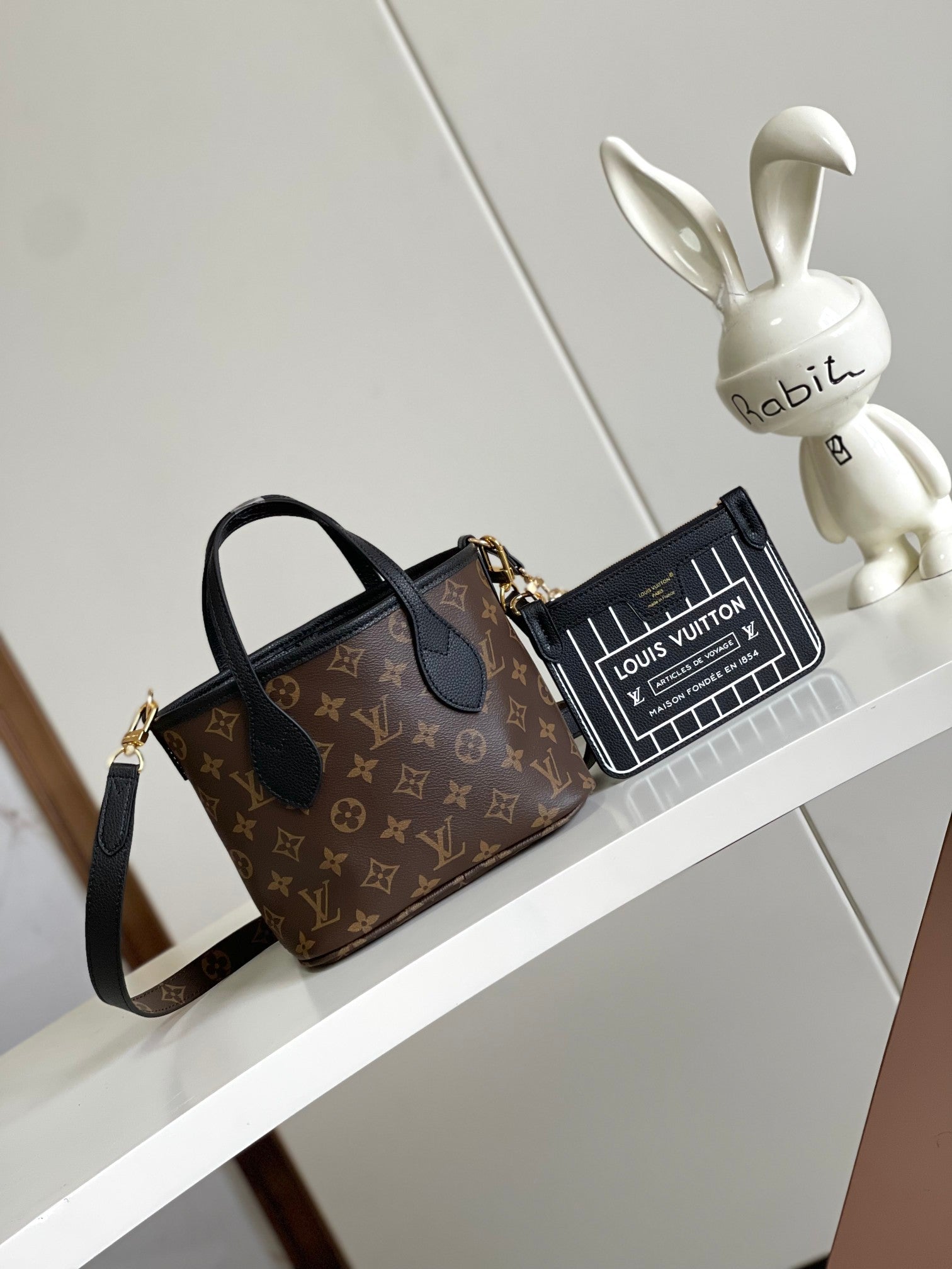 Louis Vuitton Black Leather Small Tote Handbag with Monogram Shoulder Strap