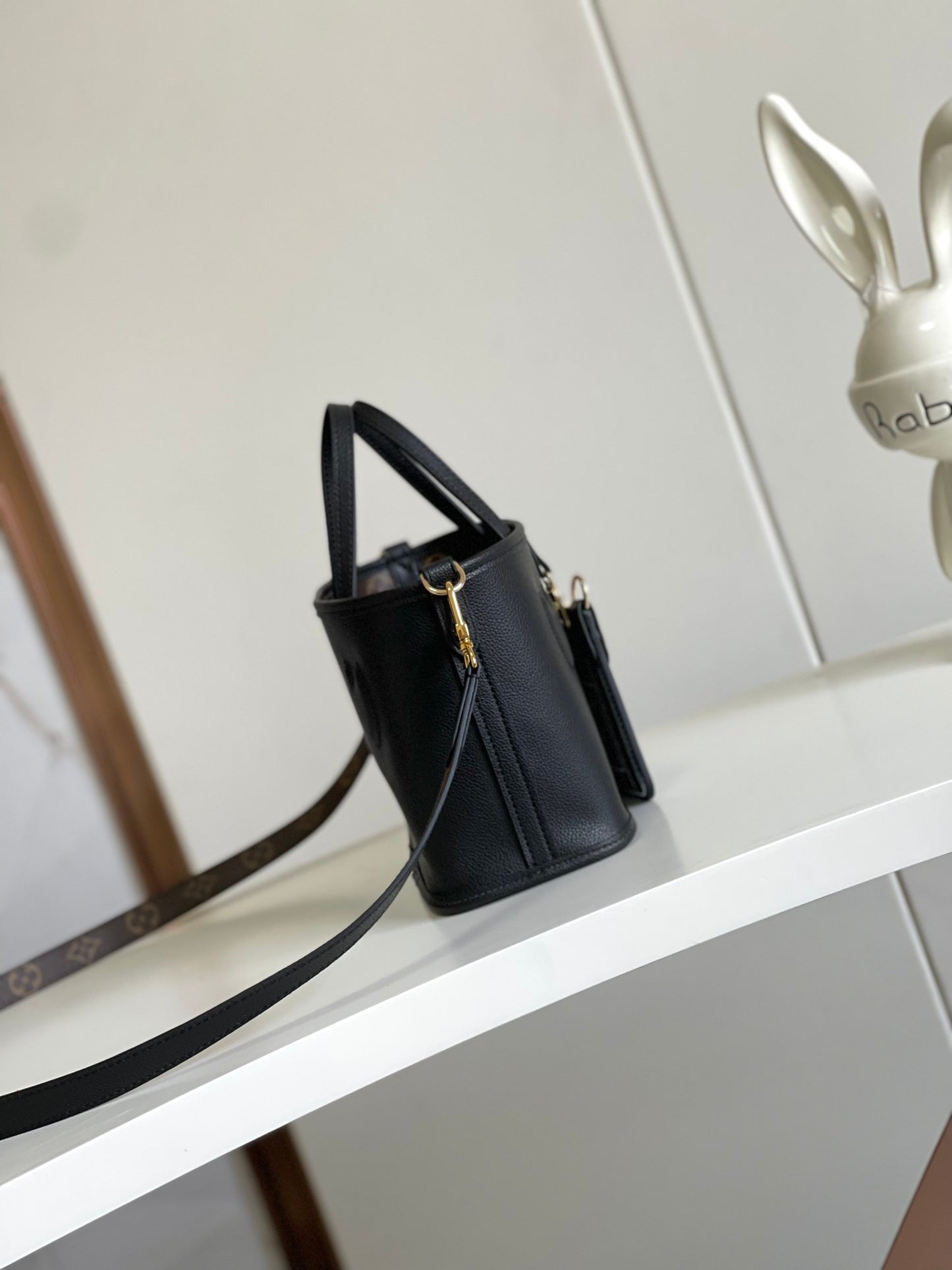 Louis Vuitton Black Leather Small Tote Handbag with Monogram Shoulder Strap