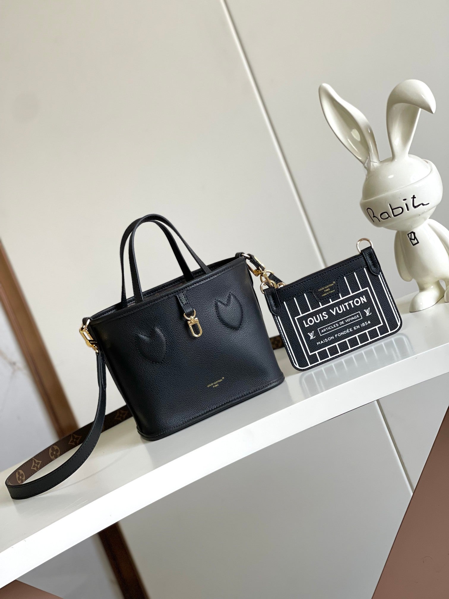 Louis Vuitton Black Leather Small Tote Handbag with Monogram Shoulder Strap