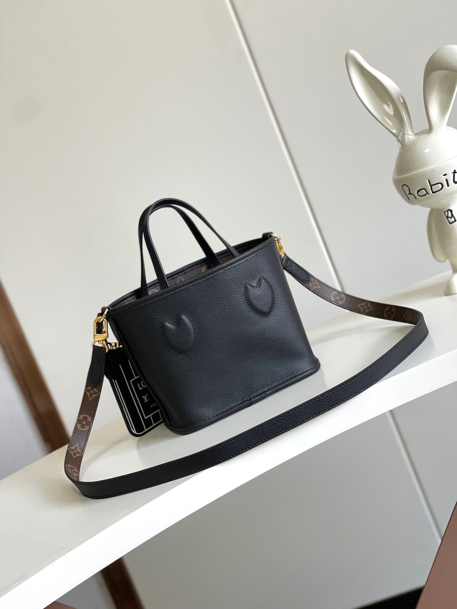 Louis Vuitton Black Leather Small Tote Handbag with Monogram Shoulder Strap