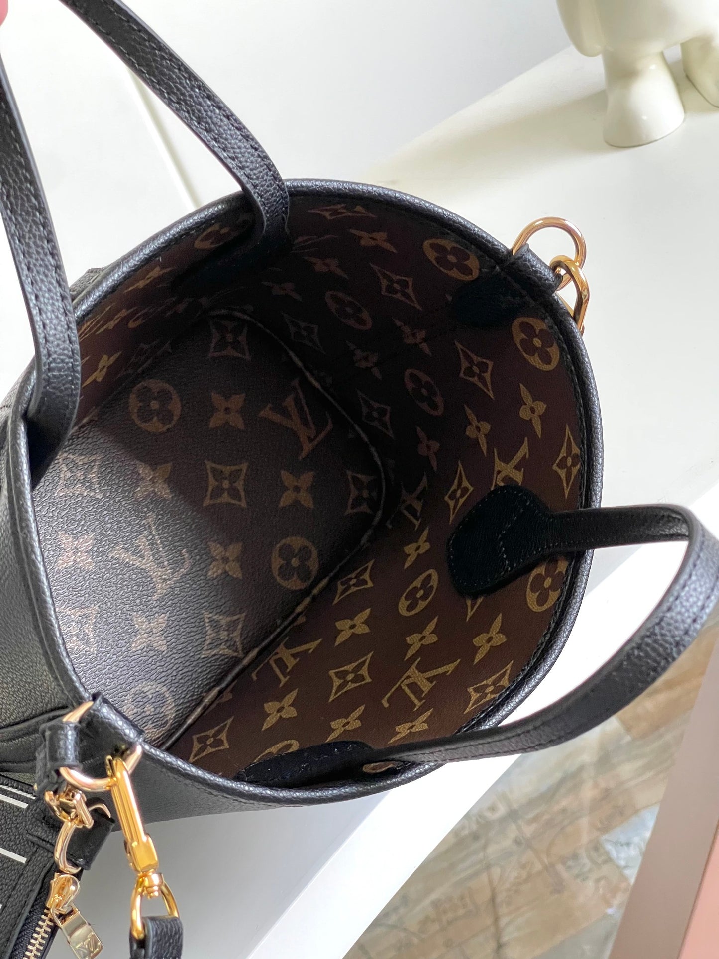 Louis Vuitton Black Leather Small Tote Handbag with Monogram Shoulder Strap