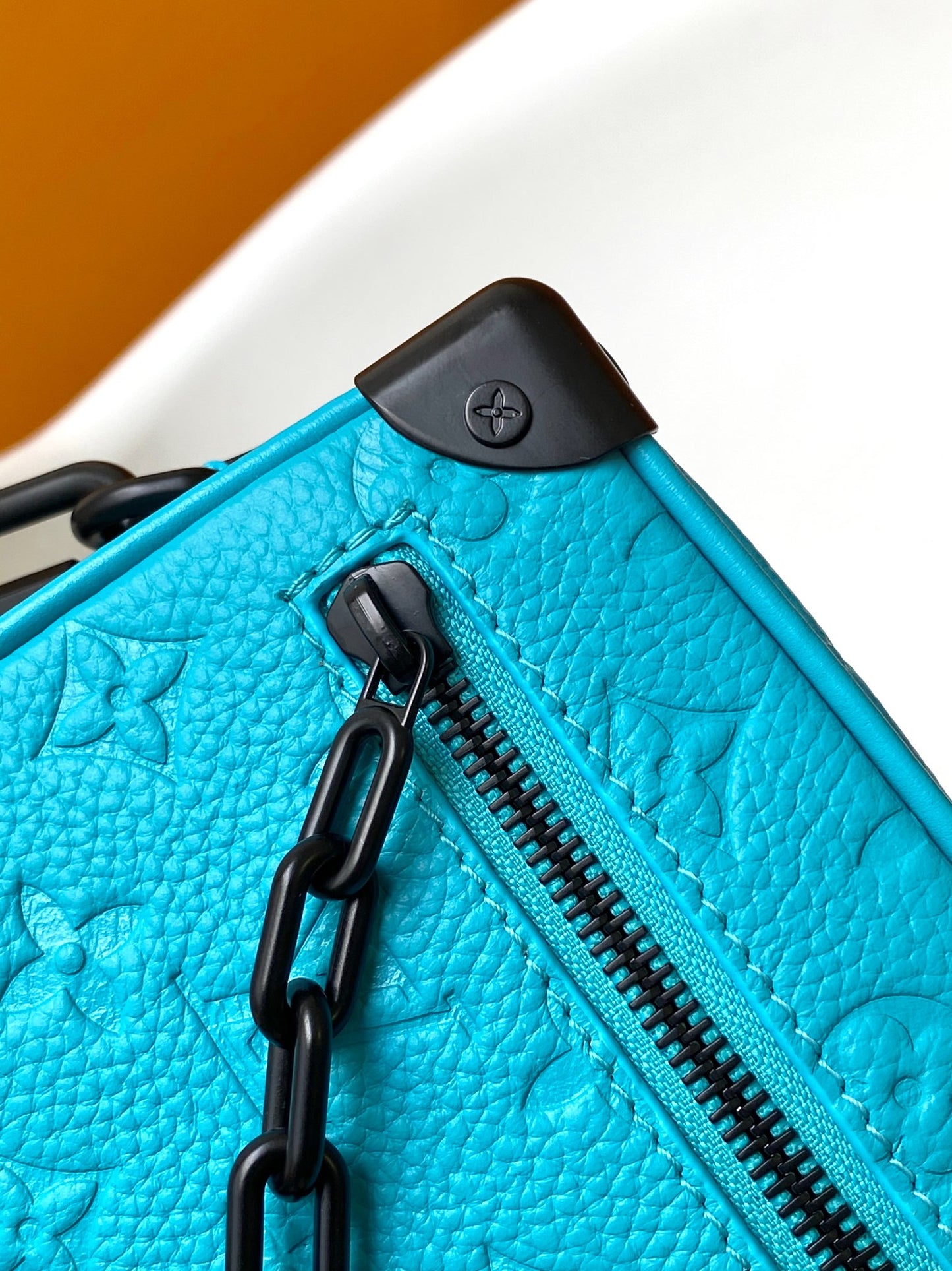 Louis Vuitton Turquoise Blue Embossed Trunk Shoulder Bag with Black Chain Accent