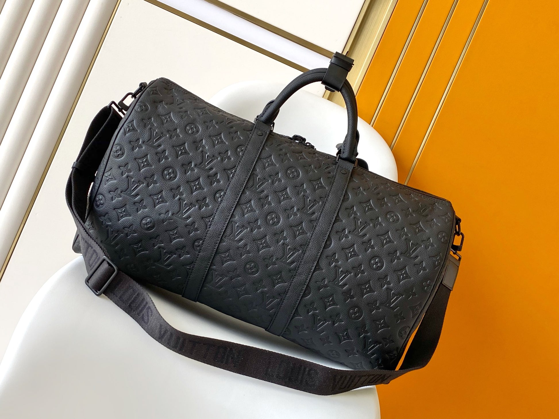 Louis Vuitton Keepall Bandoulière 50 Monogram Shadow Leather Duffel Bag - Black