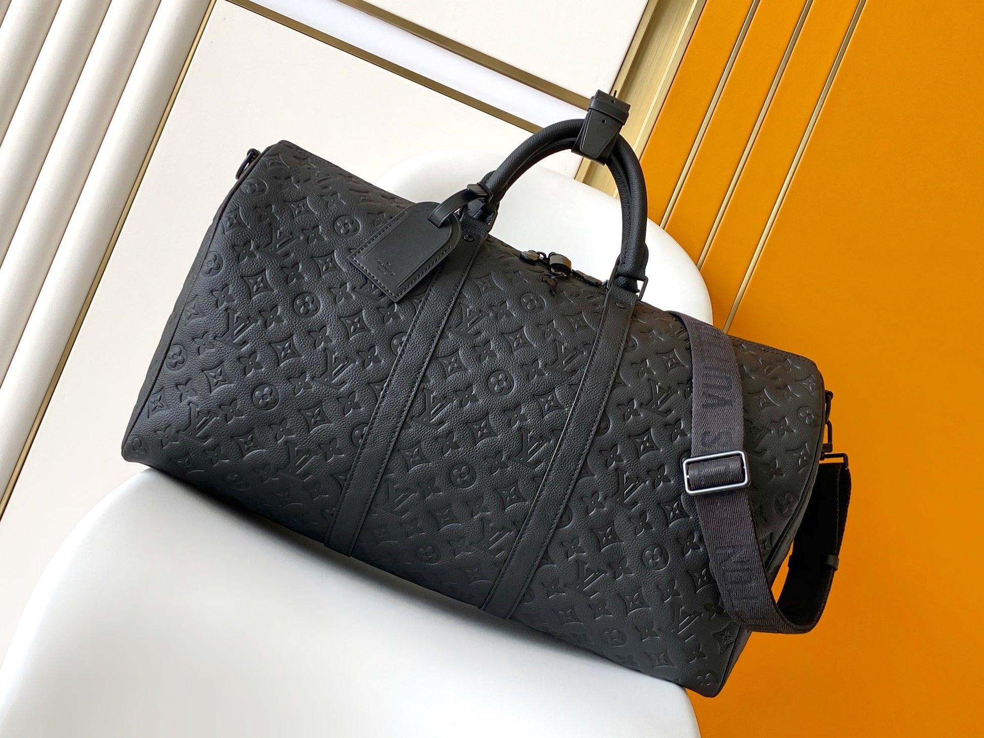 Louis Vuitton Keepall Bandoulière 50 Monogram Shadow Leather Duffel Bag - Black
