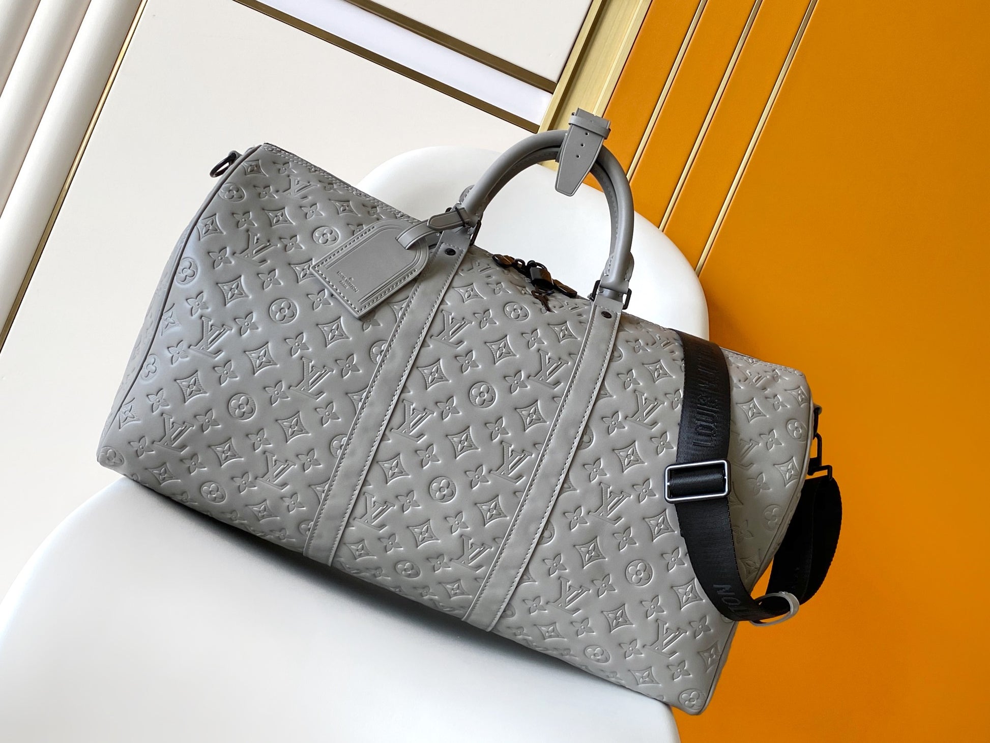 Louis Vuitton Keepall Bandoulière 50 Monogram Shadow Leather Duffel Bag - Grey