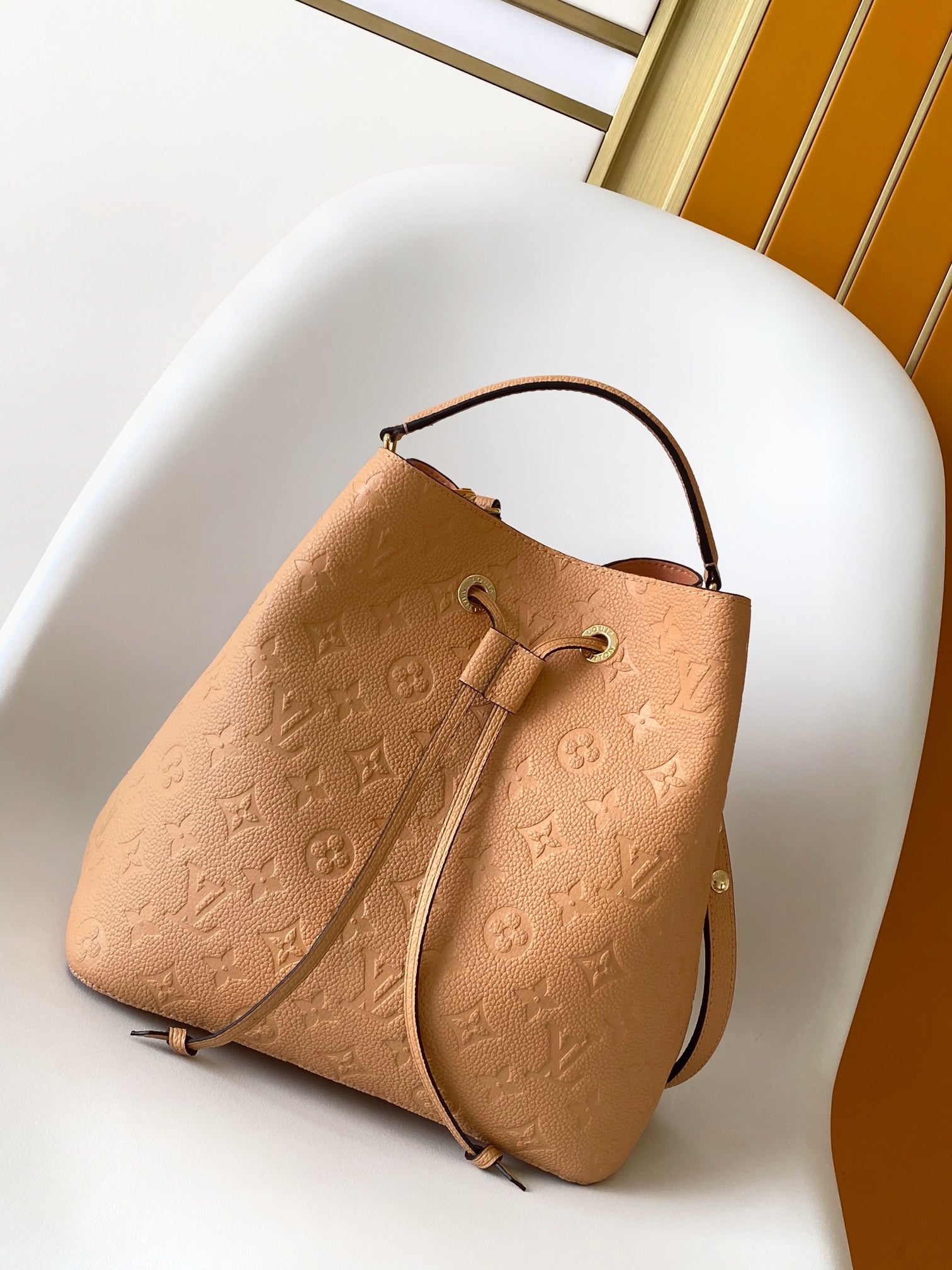 Louis Vuitton Beige Embossed Leather Drawstring Bucket Bag with Shoulder Strap
