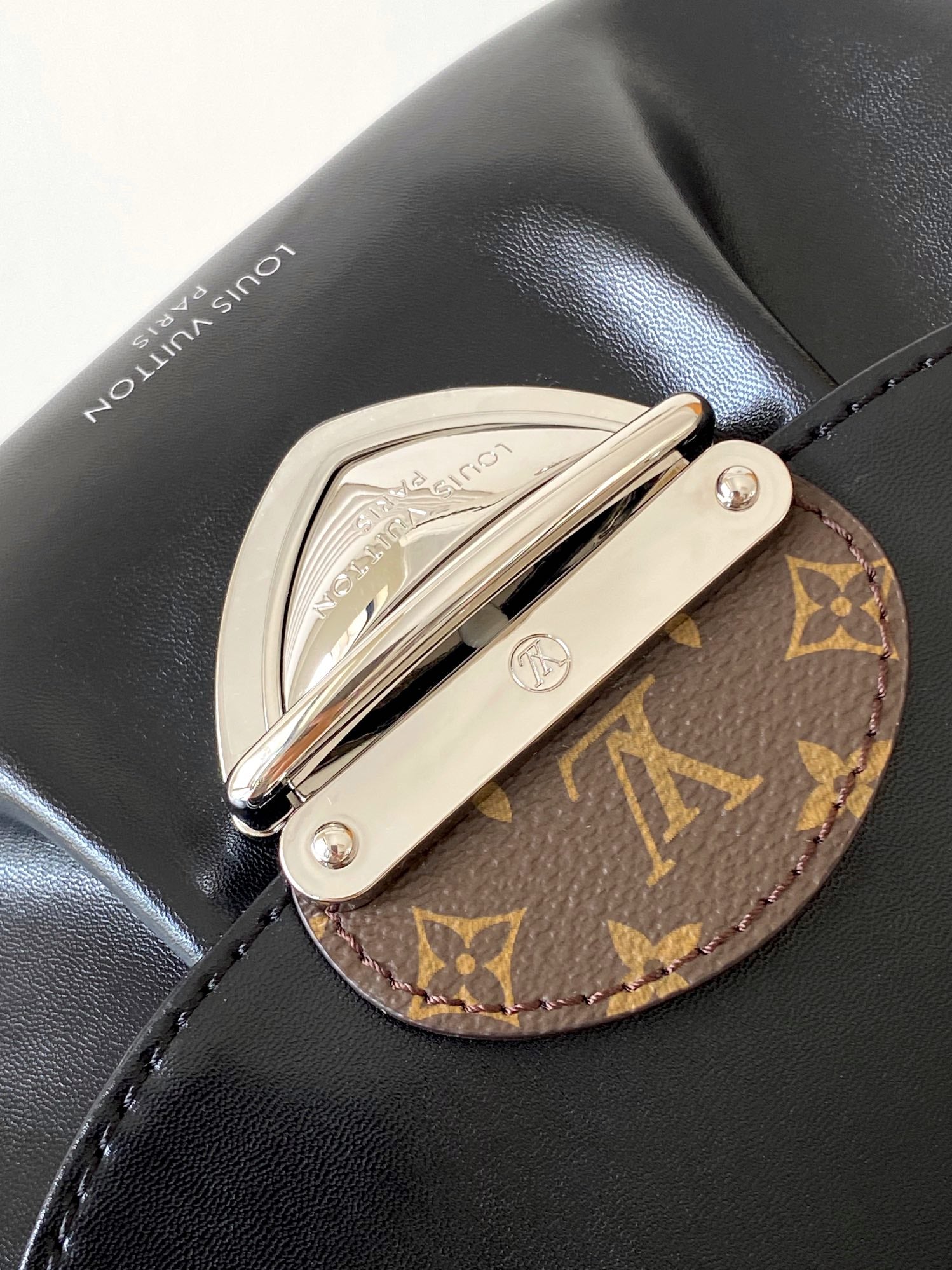 Louis Vuitton Black Leather Shoulder Bag with Monogram Buckle Detail