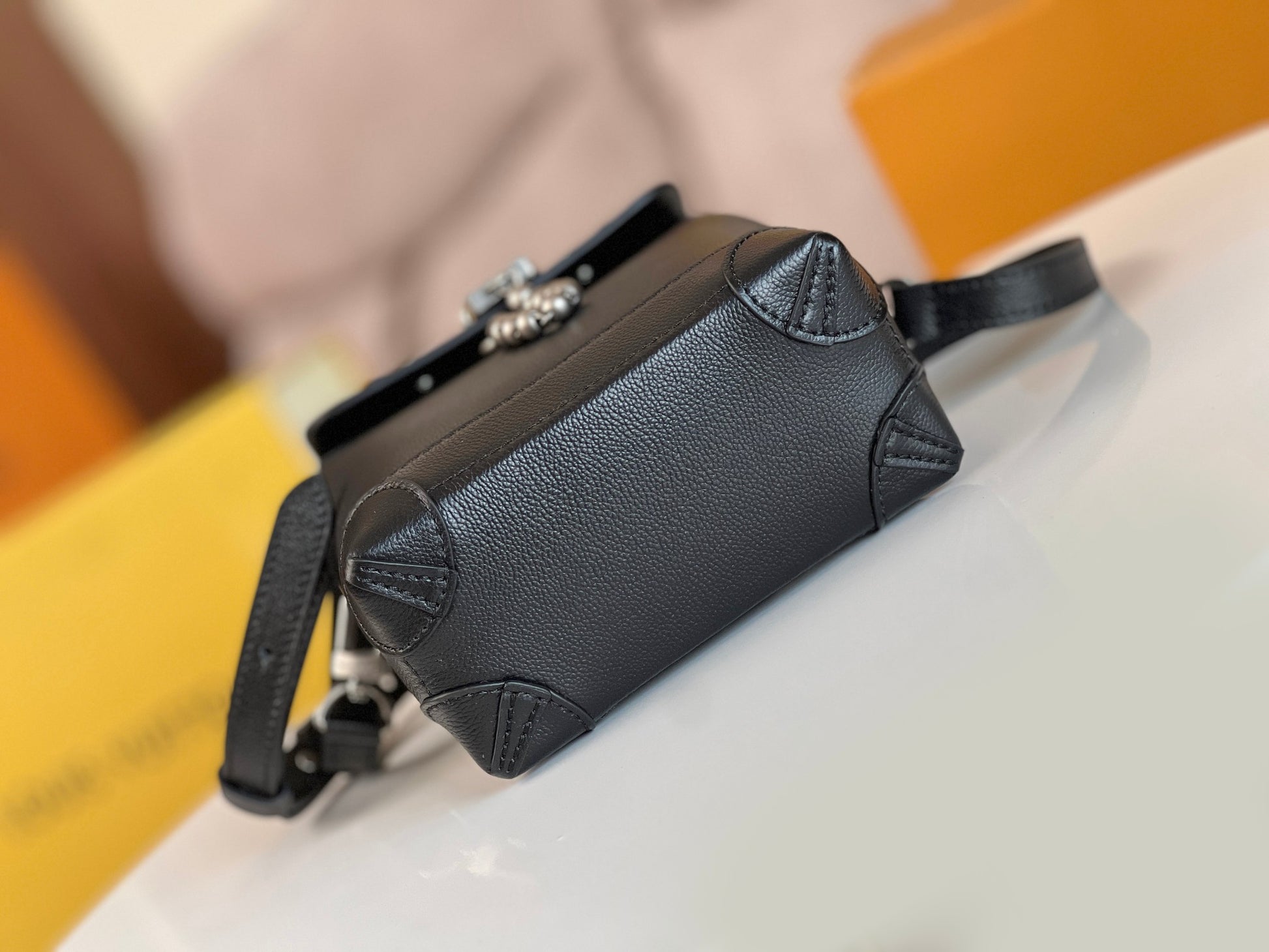LRoman Black Mini Backpack with Pearl Padlock Charm and Adjustable Strap