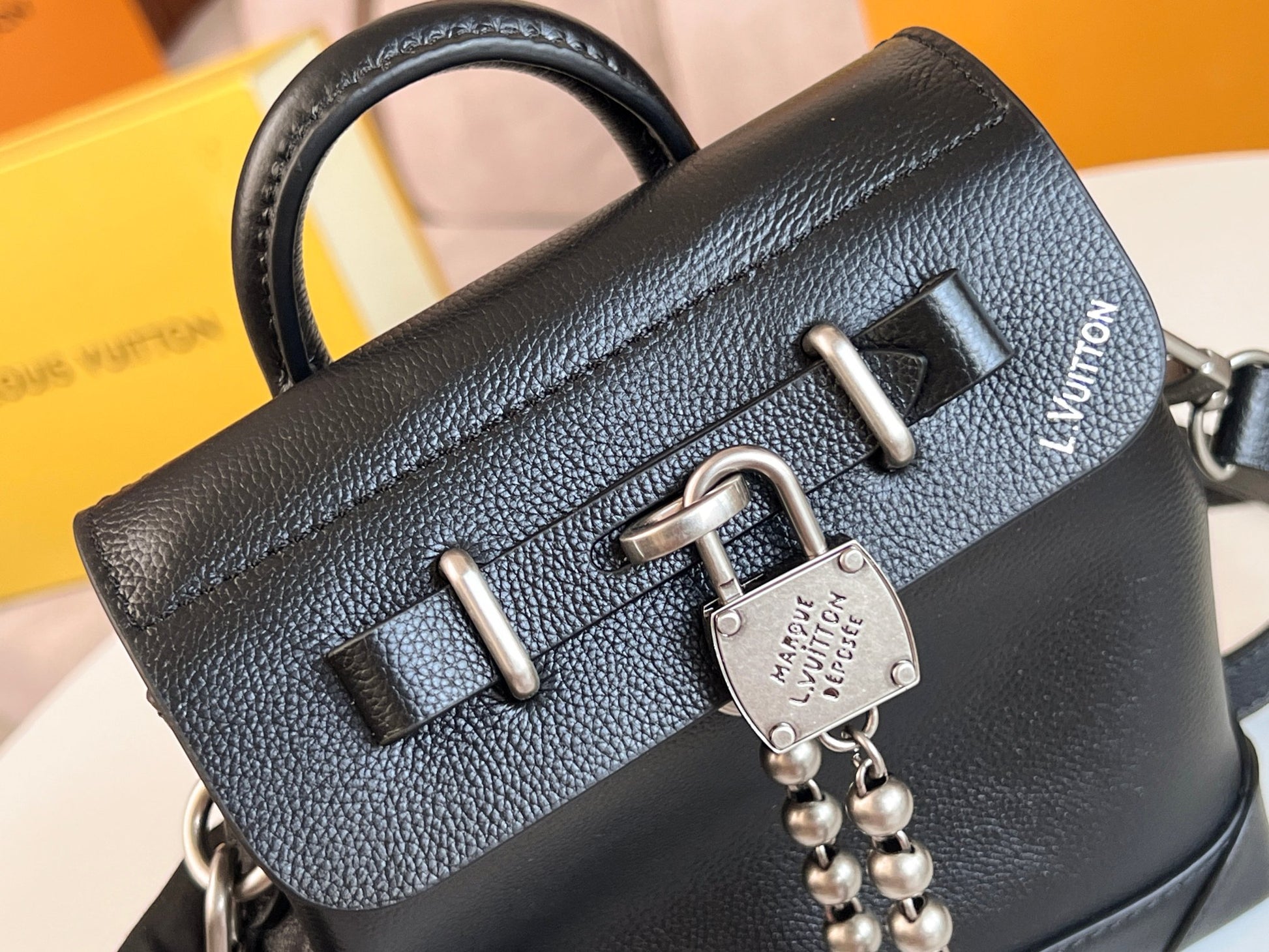 LRoman Black Mini Backpack with Pearl Padlock Charm and Adjustable Strap