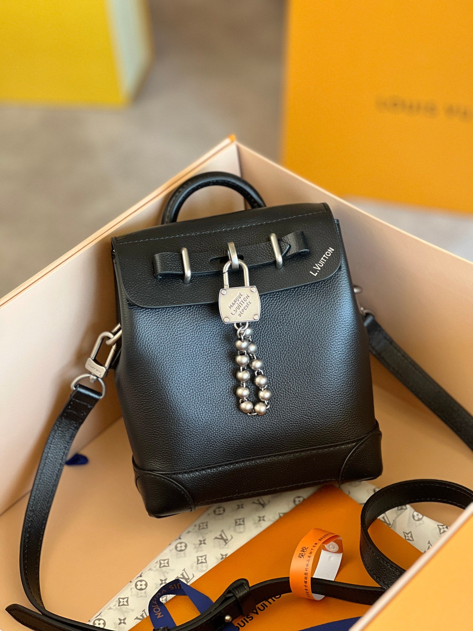 LRoman Black Mini Backpack with Pearl Padlock Charm and Adjustable Strap