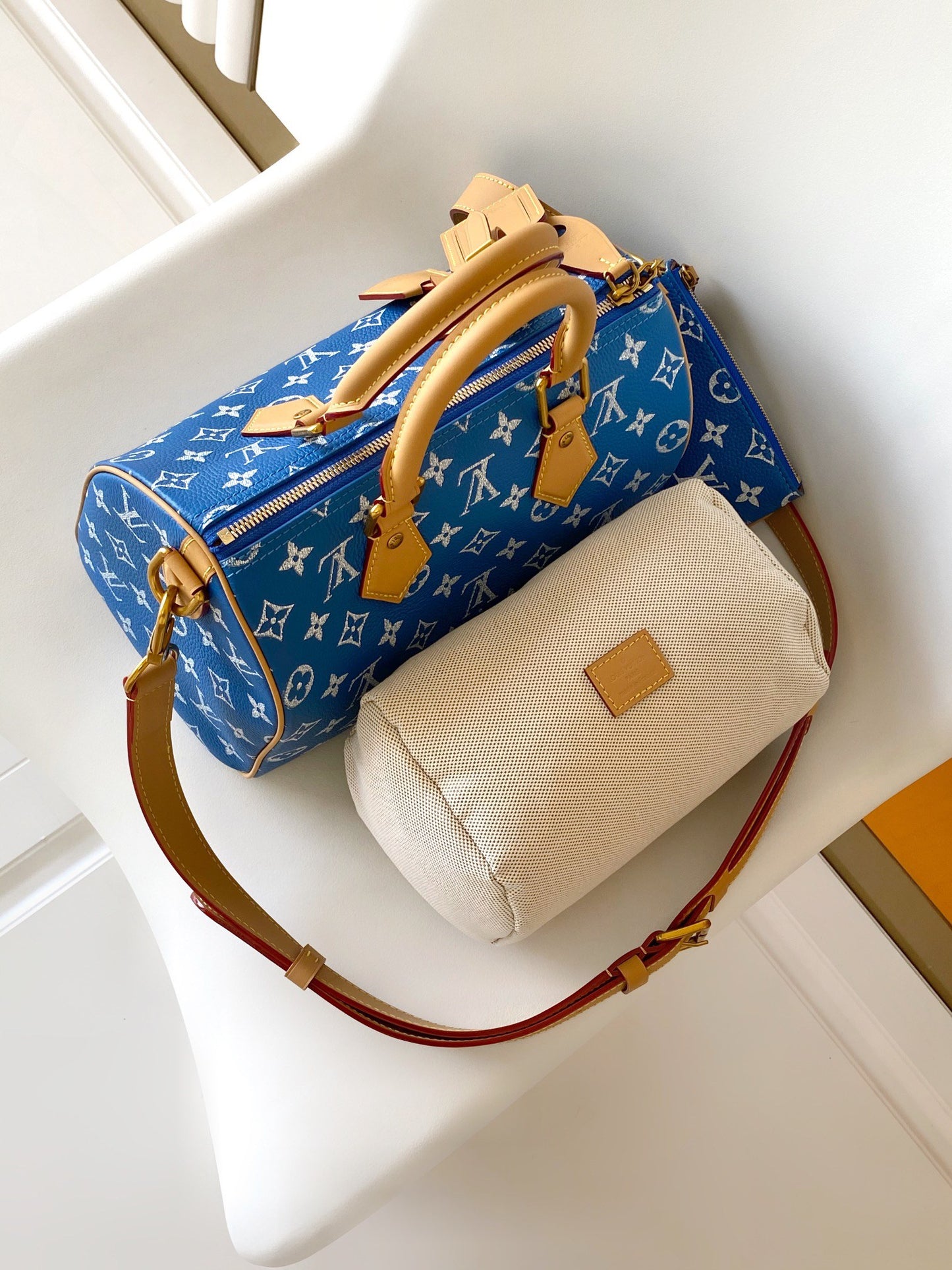 Louis Vuitton Blue and White Monogram Print Satchel Handbag with Tan Leather Trim