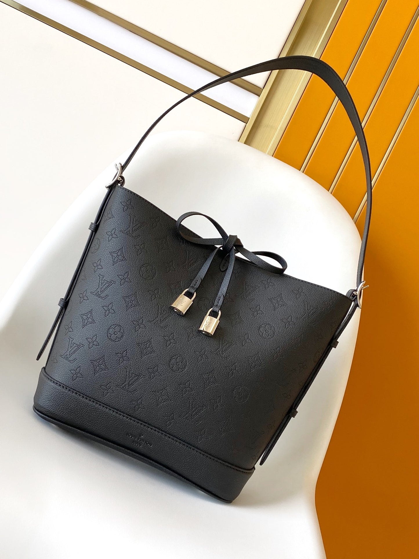 Elegant Black Monogram Pattern Bucket Shoulder Bag with Drawstring Bow Detail