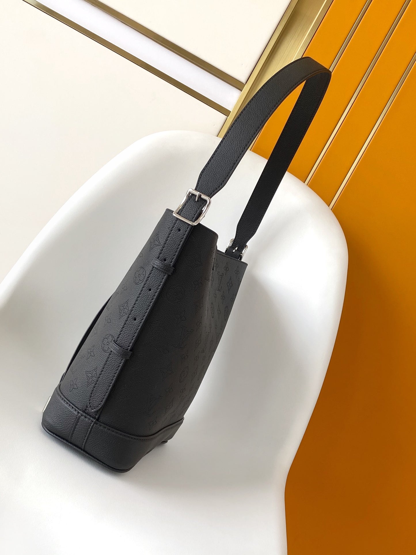 Elegant Black Monogram Pattern Bucket Shoulder Bag with Drawstring Bow Detail