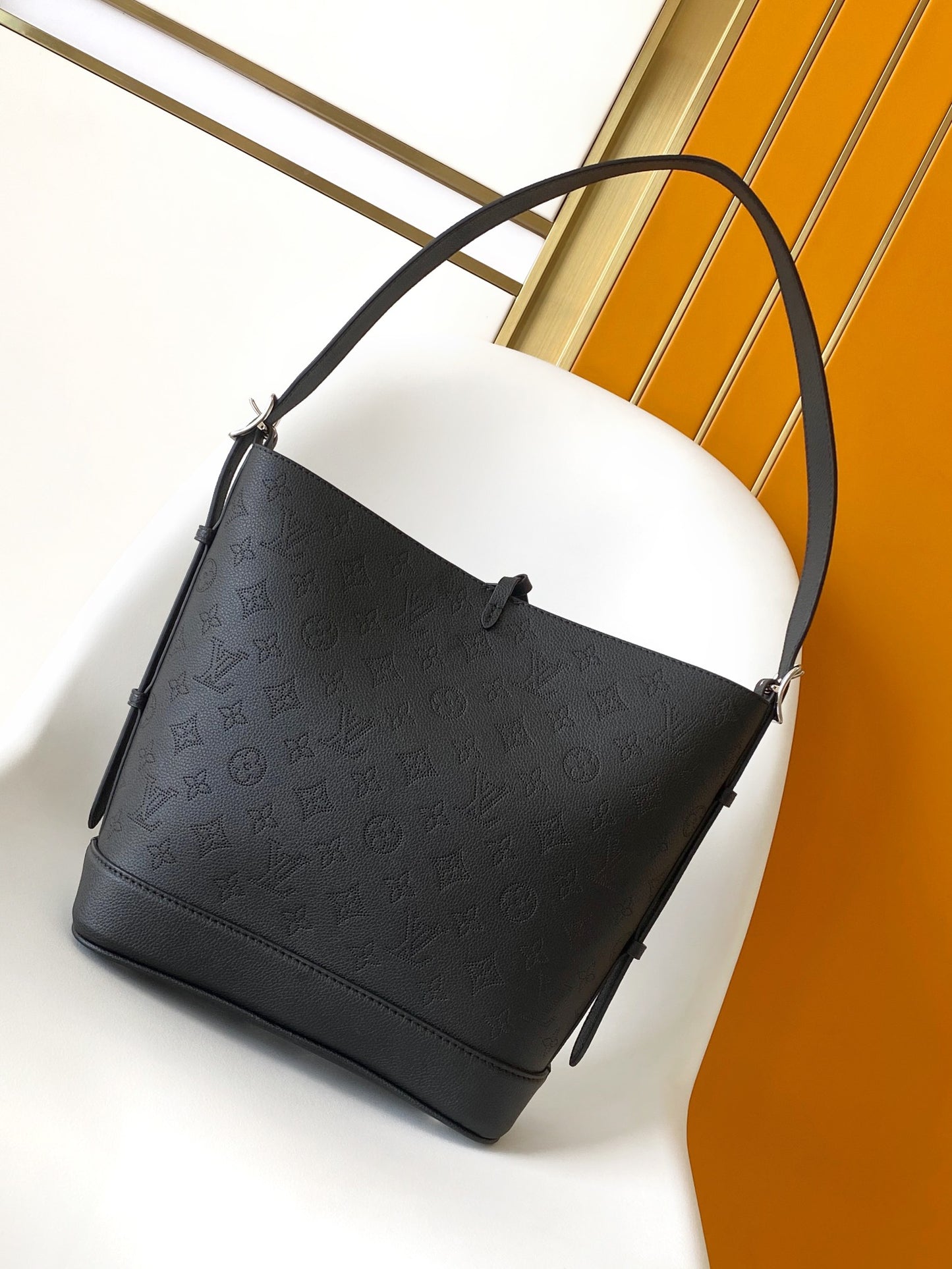 Elegant Black Monogram Pattern Bucket Shoulder Bag with Drawstring Bow Detail