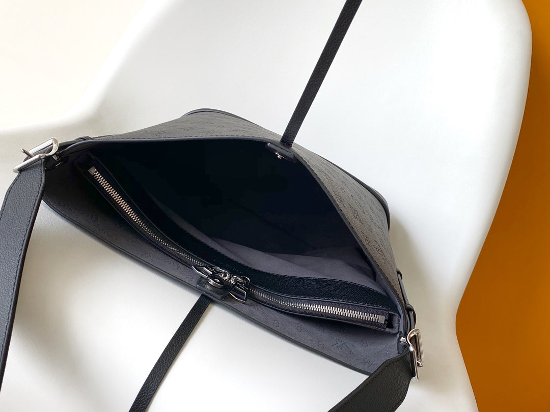 Elegant Black Monogram Pattern Bucket Shoulder Bag with Drawstring Bow Detail