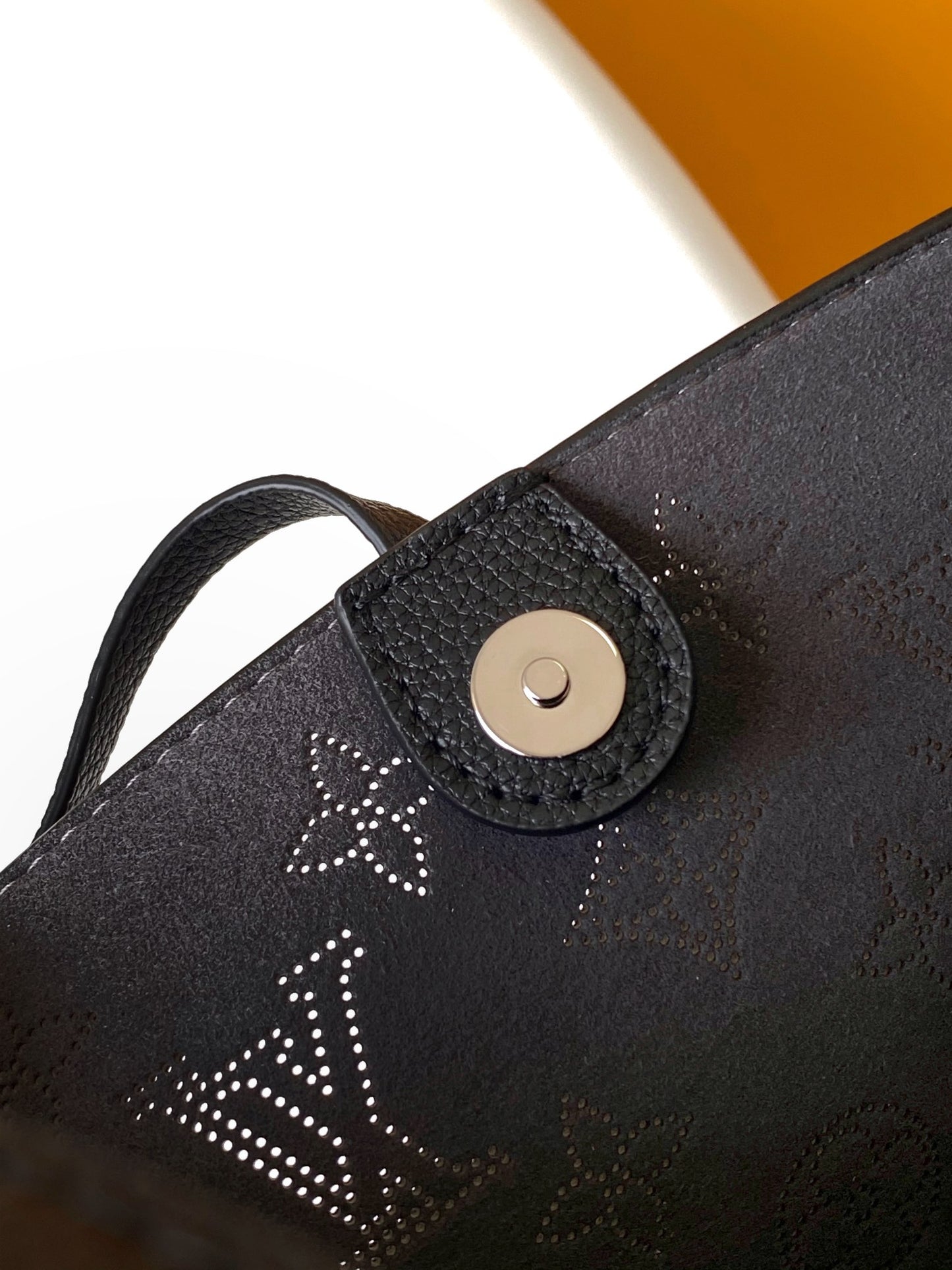 Elegant Black Monogram Pattern Bucket Shoulder Bag with Drawstring Bow Detail