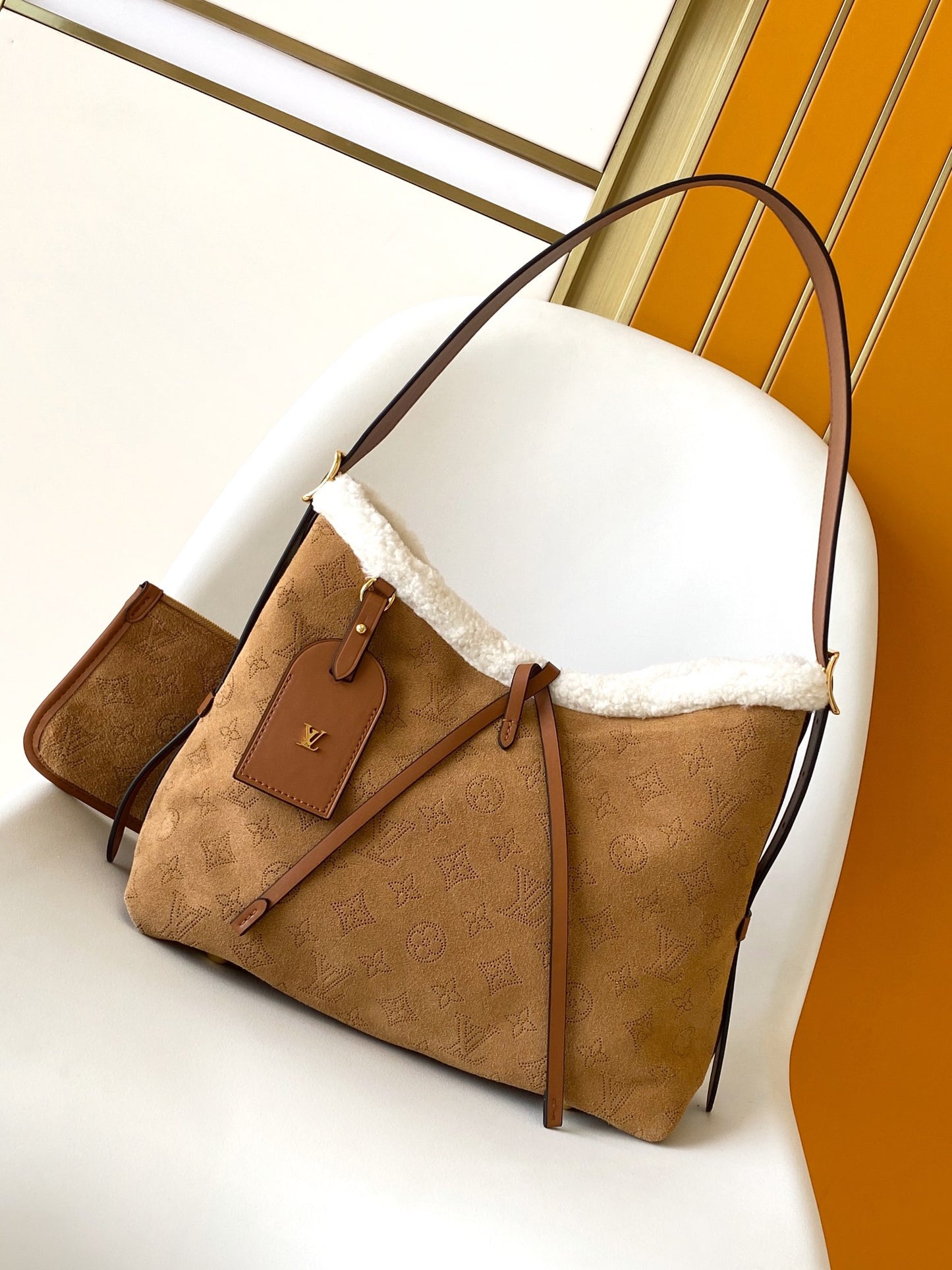 Tan Monogram Faux Fur Trim Shoulder Bag with Bow Accent