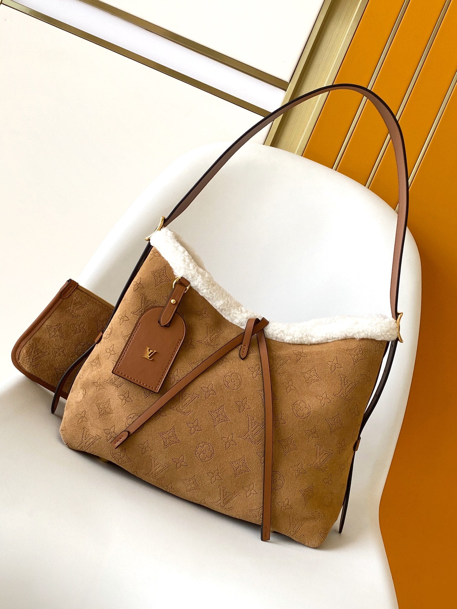 Tan Monogram Faux Fur Trim Shoulder Bag with Bow Accent