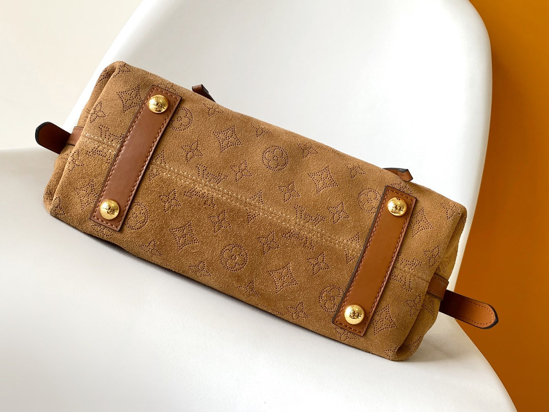 Tan Monogram Faux Fur Trim Shoulder Bag with Bow Accent
