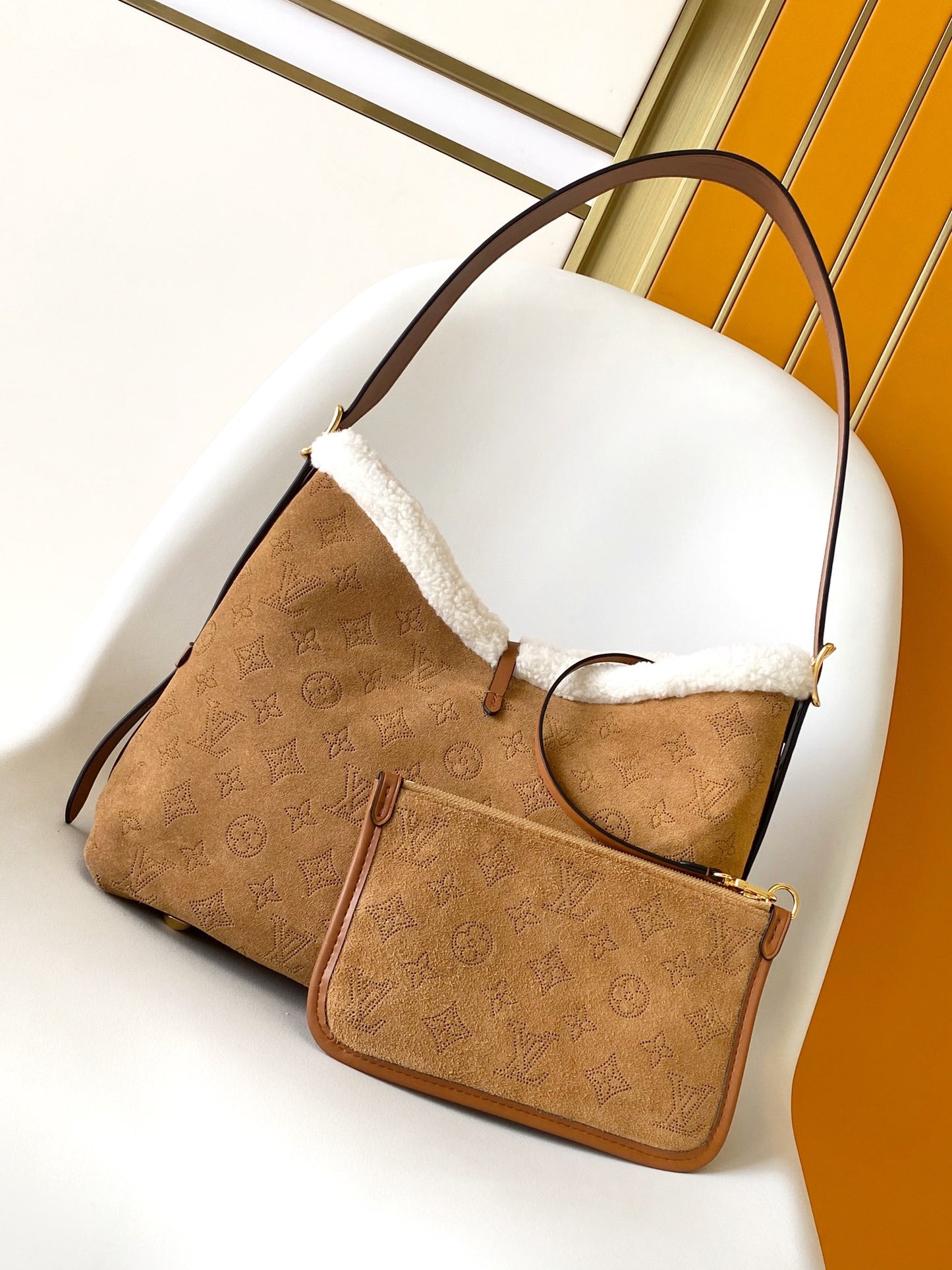 Tan Monogram Faux Fur Trim Shoulder Bag with Bow Accent