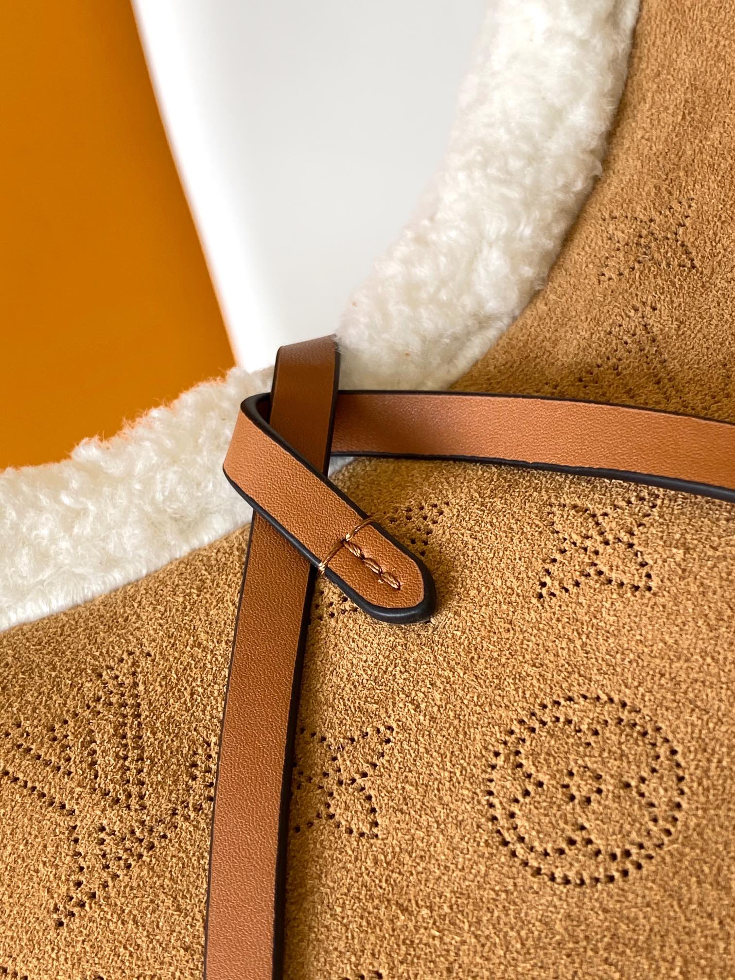 Tan Monogram Faux Fur Trim Shoulder Bag with Bow Accent