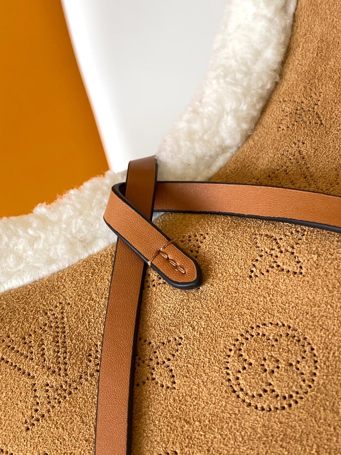 Tan Monogram Faux Fur Trim Shoulder Bag with Bow Accent