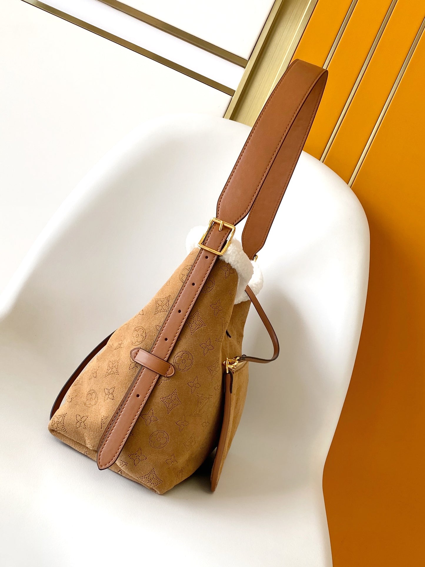 Tan Monogram Faux Fur Trim Shoulder Bag with Bow Accent