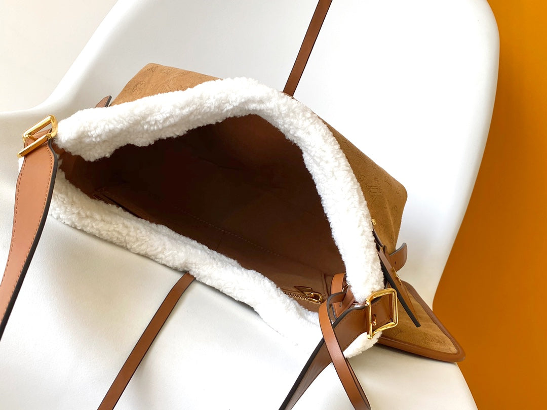 Tan Monogram Faux Fur Trim Shoulder Bag with Bow Accent