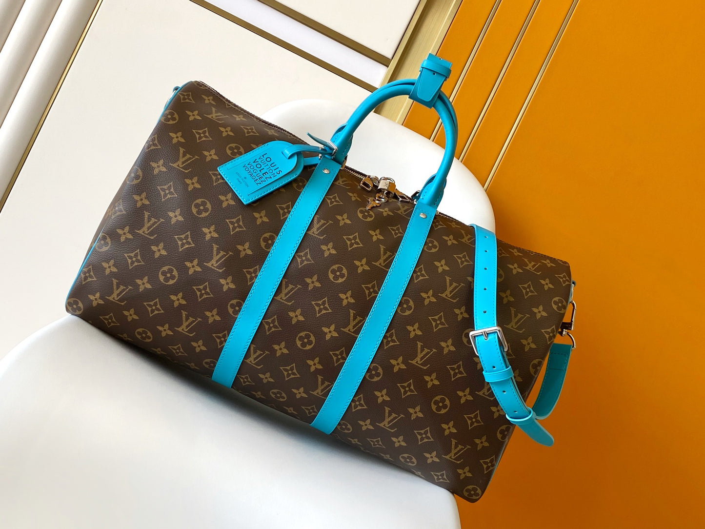 Louis Vuitton Keepall Bandoulière 50 Monogram Canvas with Turquoise Trim