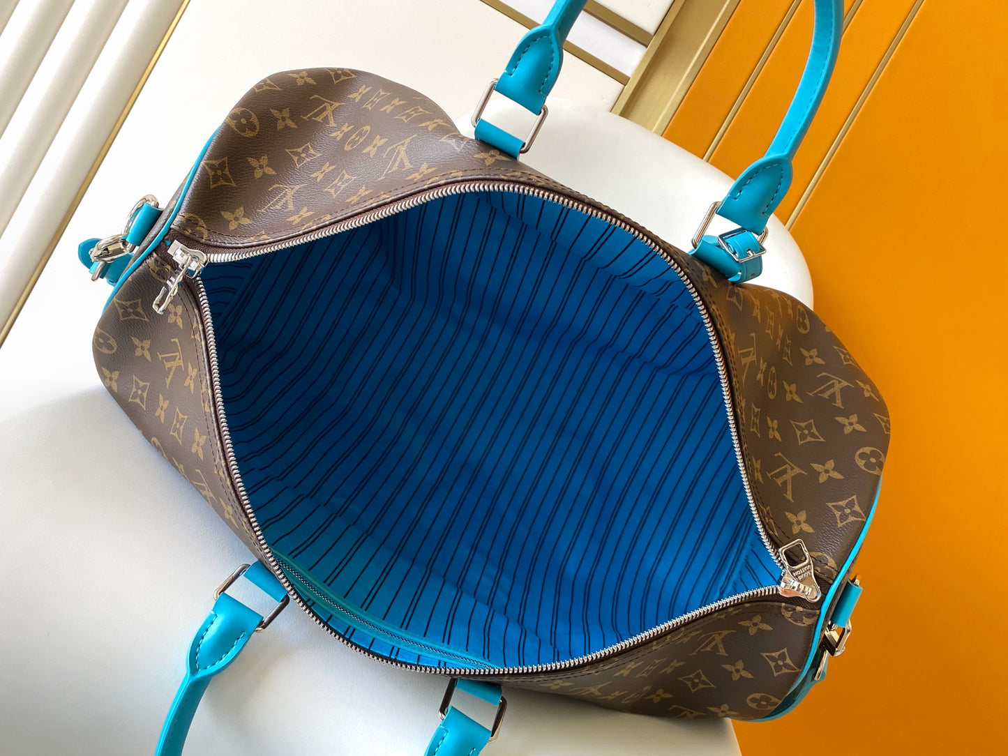 Louis Vuitton Keepall Bandoulière 50 Monogram Canvas with Turquoise Trim