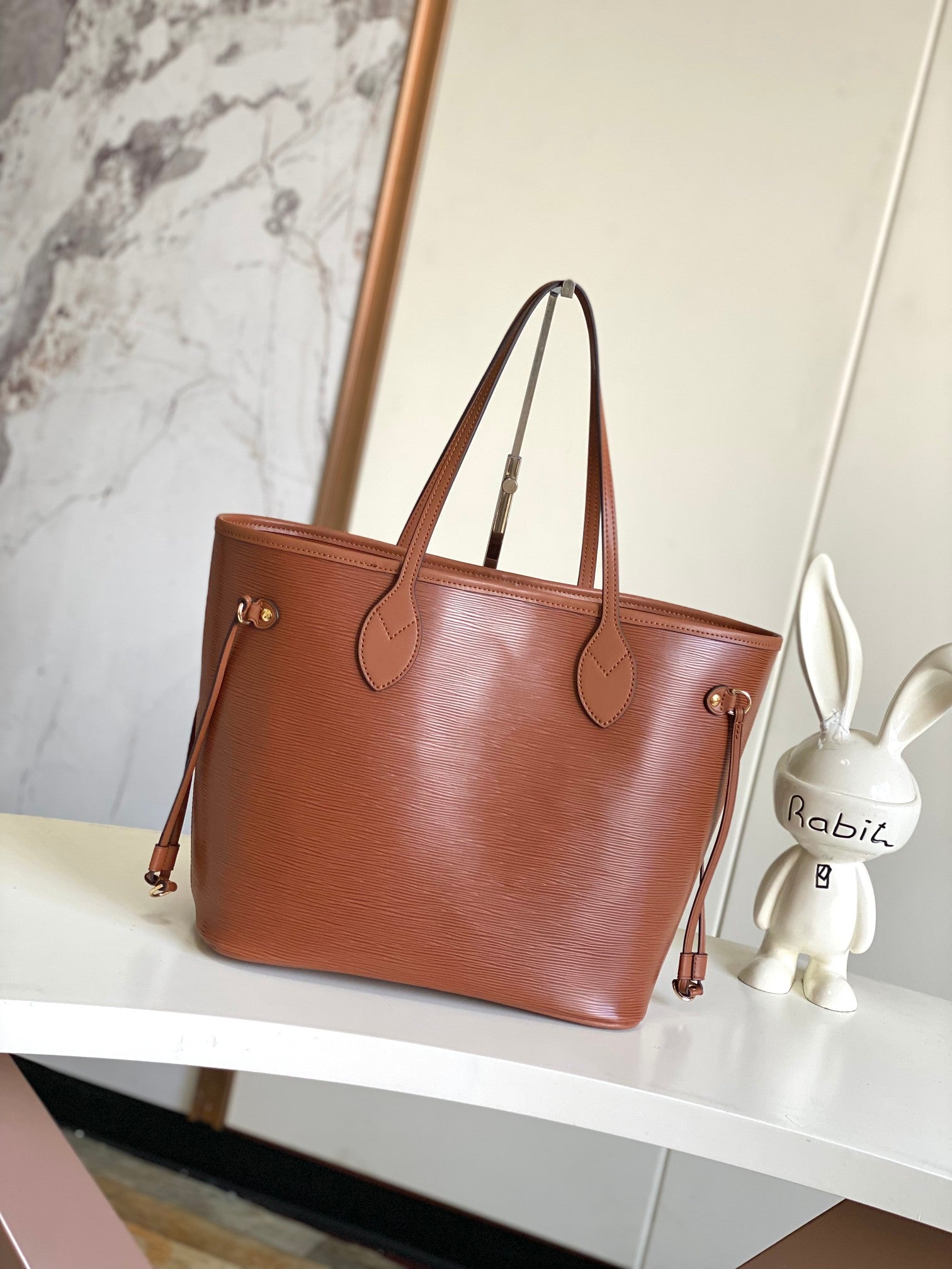 Women's Large Textured Brown Leather Tote Bag - Classic Drawstring Shoulder Handbag