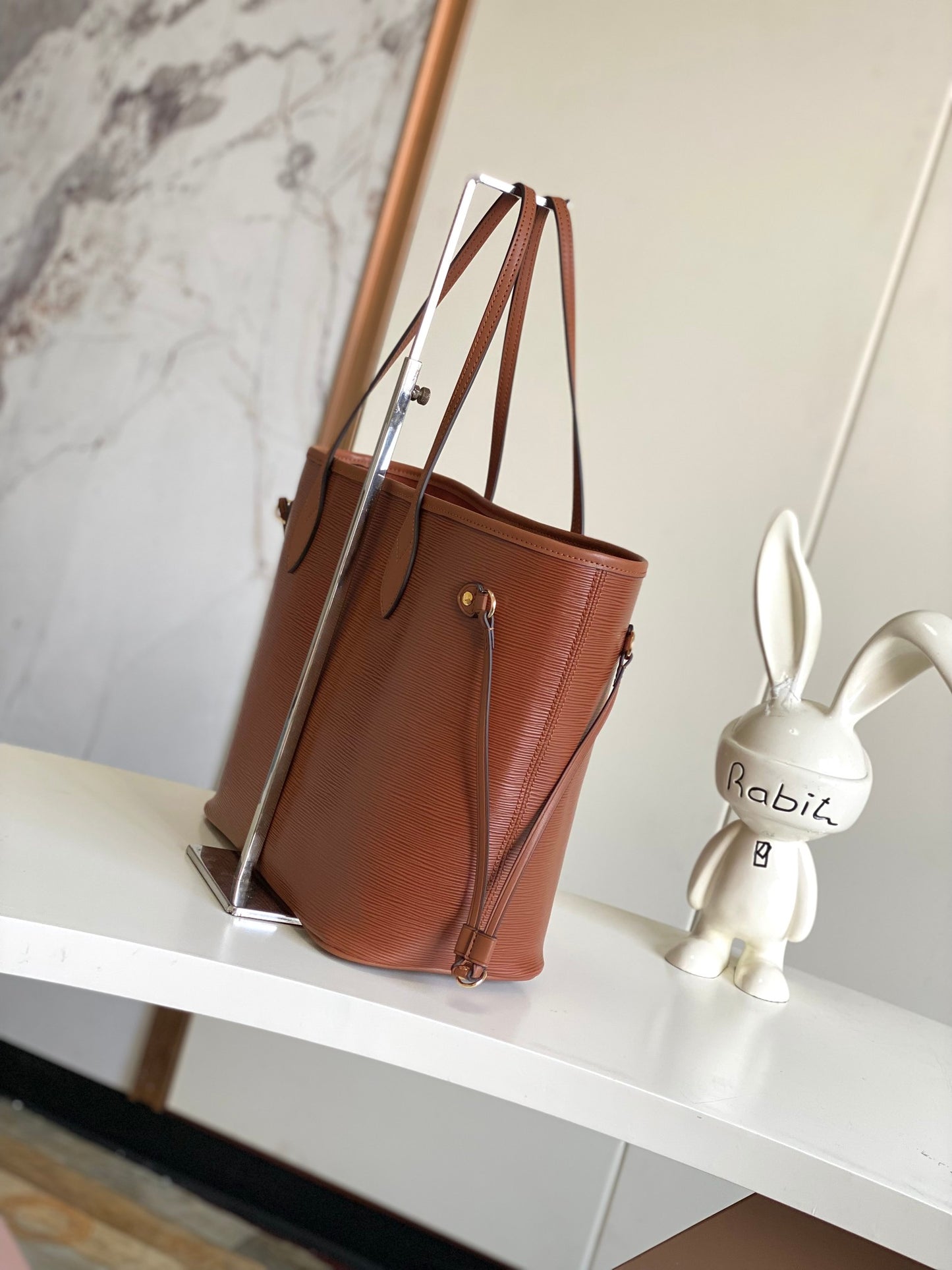 Women's Large Textured Brown Leather Tote Bag - Classic Drawstring Shoulder Handbag