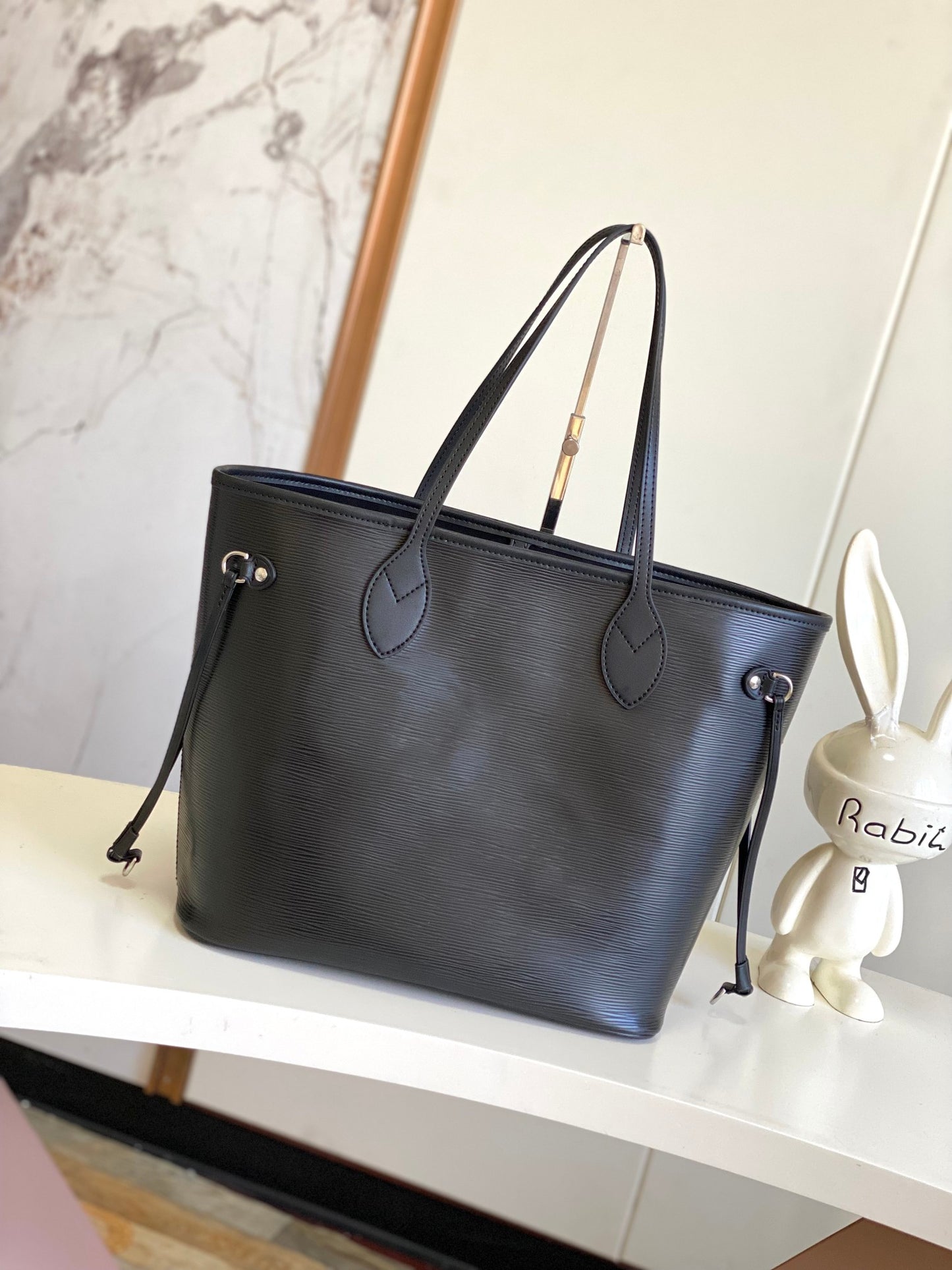 Elegant Black Embossed Monogram Large Tote Bag for Women - Spacious Shoulder Bag for Work and Travel