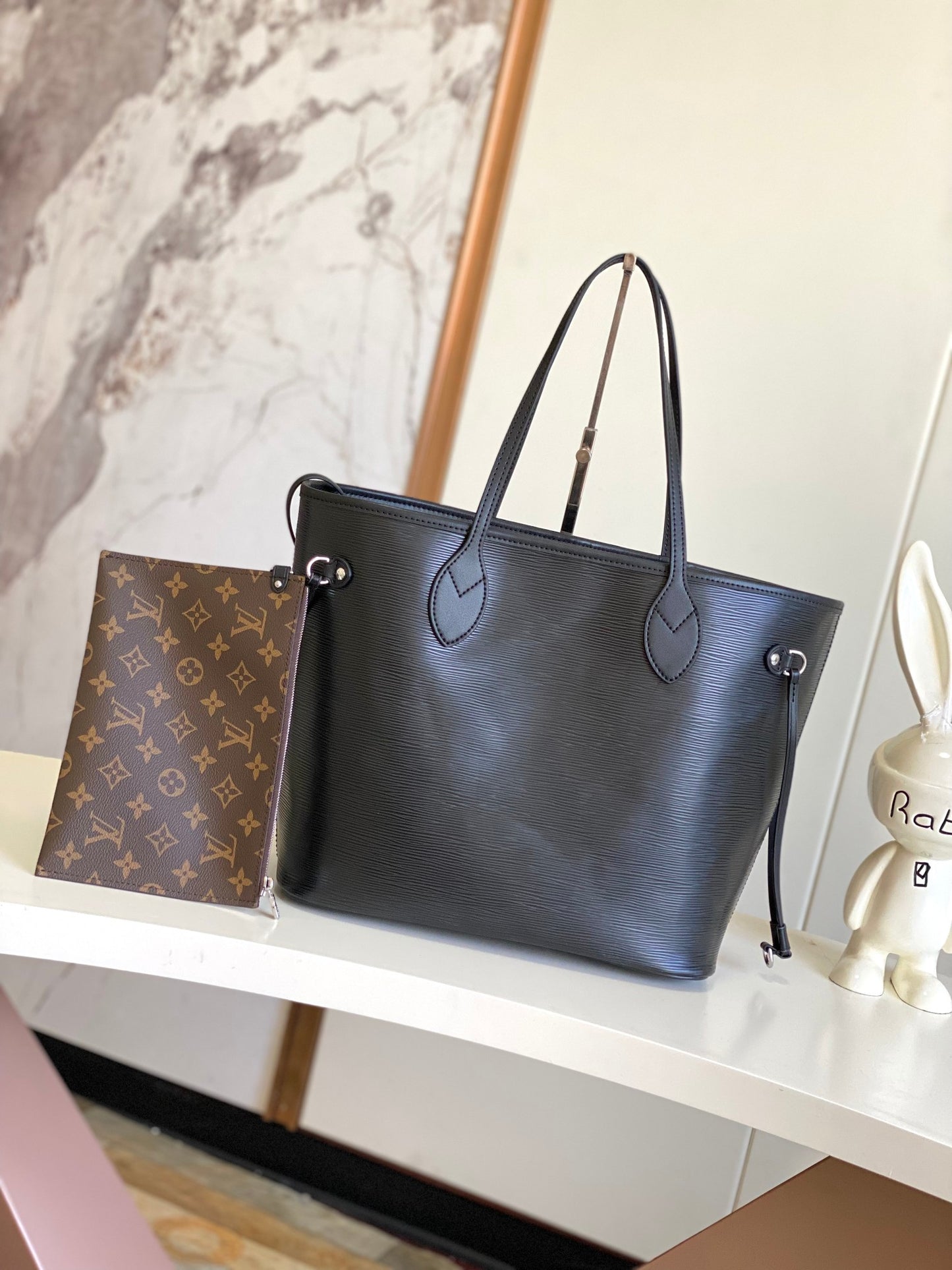 Elegant Black Embossed Monogram Large Tote Bag for Women - Spacious Shoulder Bag for Work and Travel