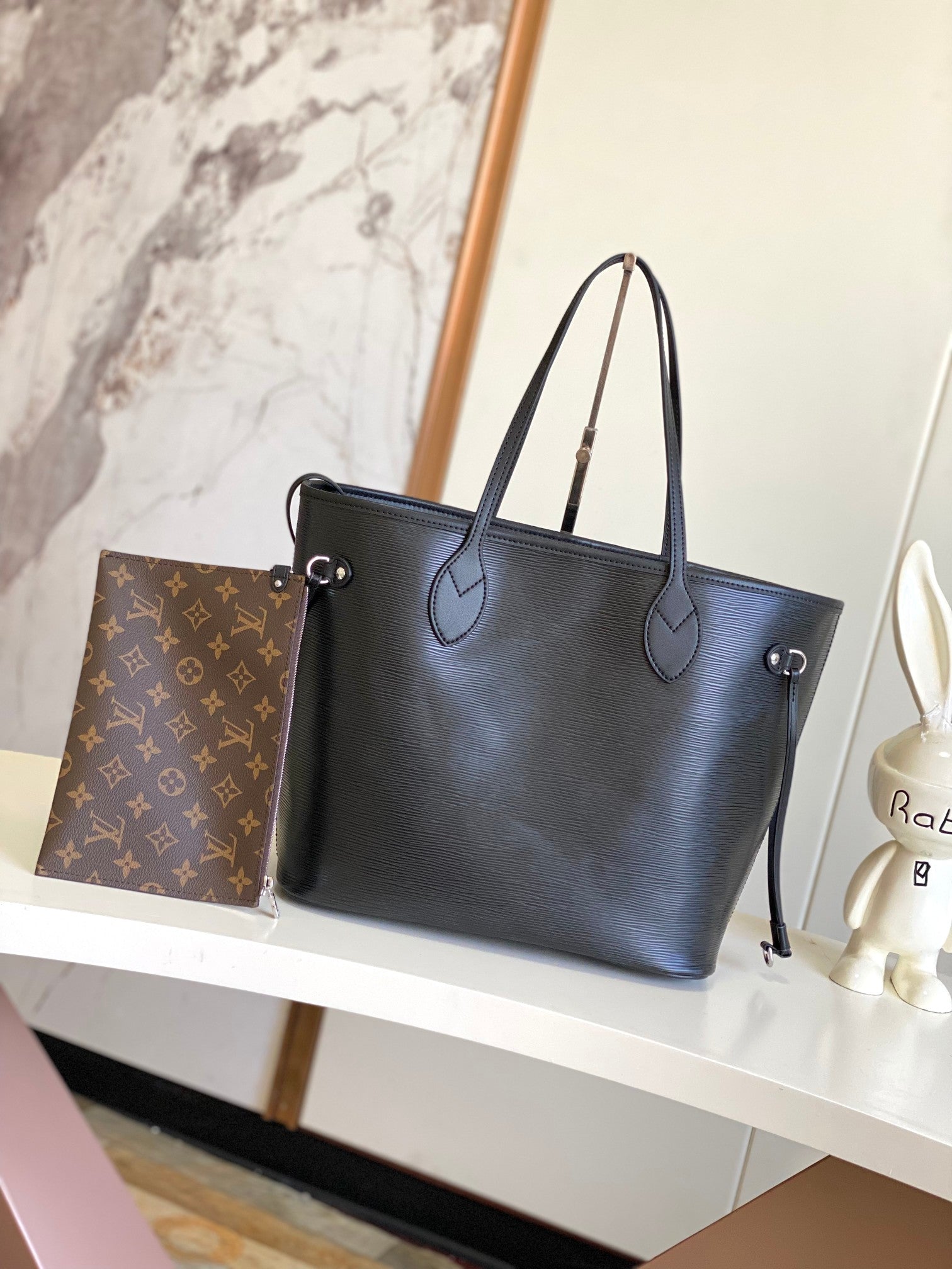 Elegant Black Embossed Monogram Large Tote Bag for Women - Spacious Shoulder Bag for Work and Travel