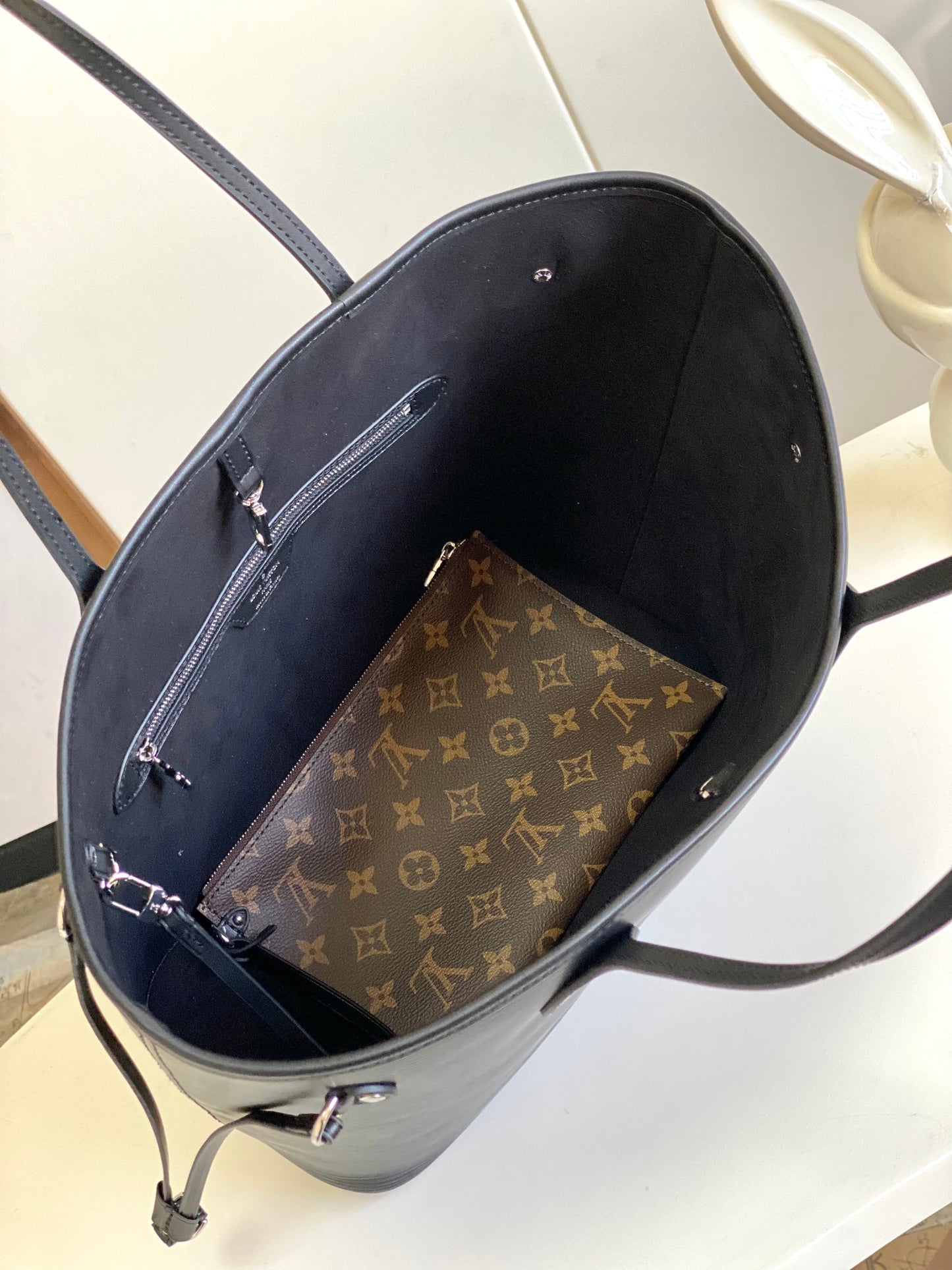 Elegant Black Embossed Monogram Large Tote Bag for Women - Spacious Shoulder Bag for Work and Travel