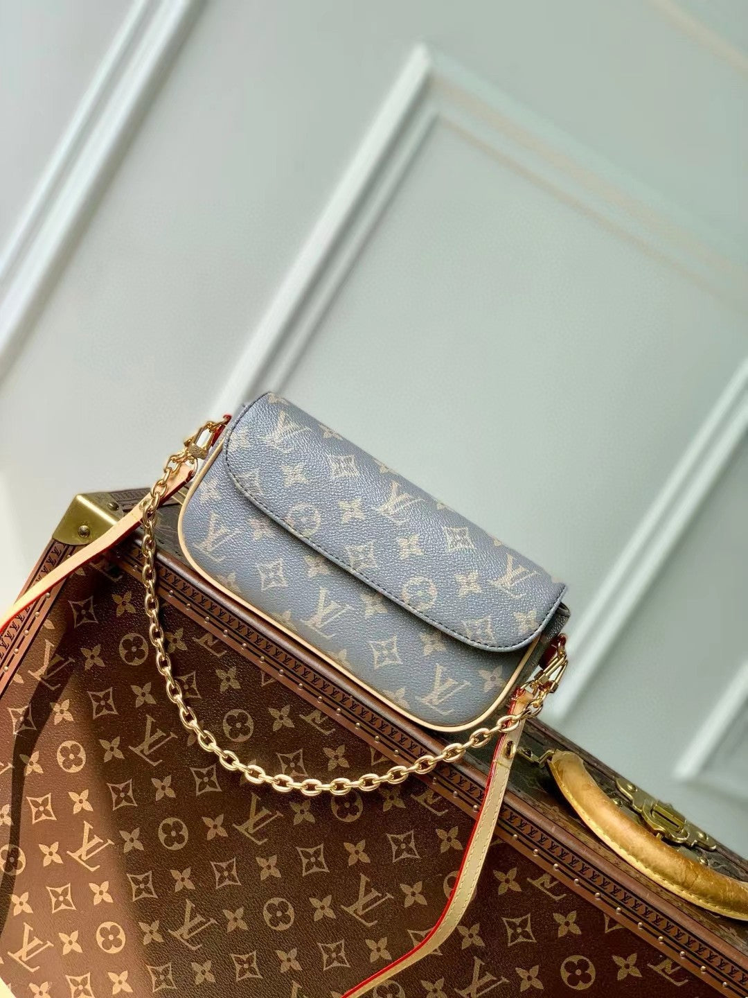 Louis Vuitton Monogram Denim Blue Shoulder Bag with Gold Chain Strap