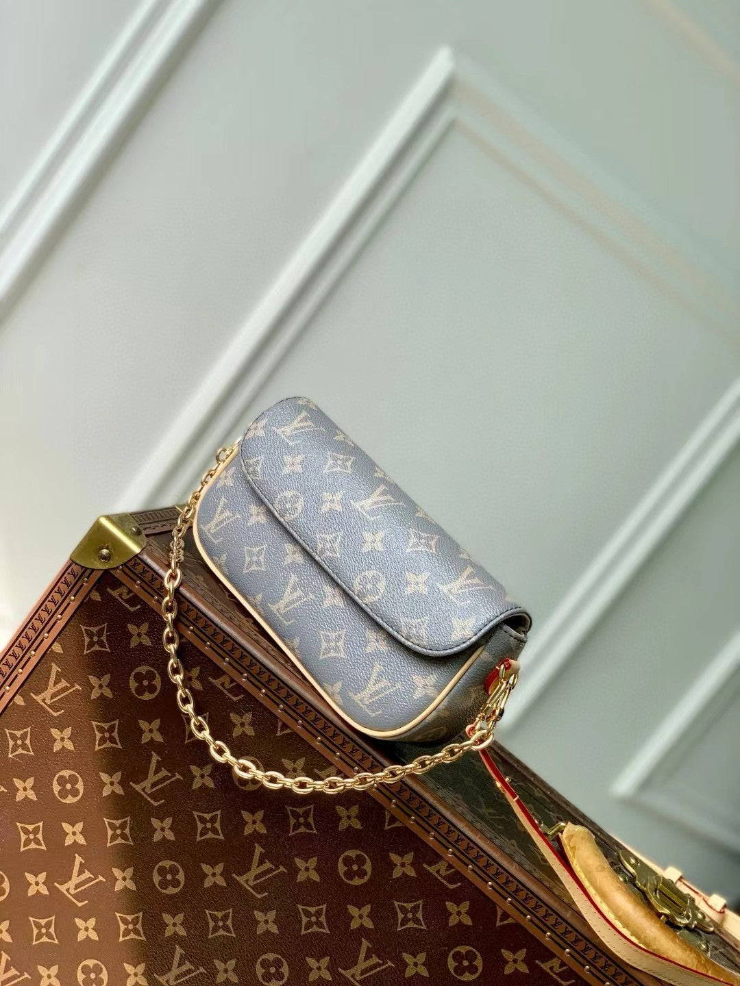 Louis Vuitton Monogram Denim Blue Shoulder Bag with Gold Chain Strap