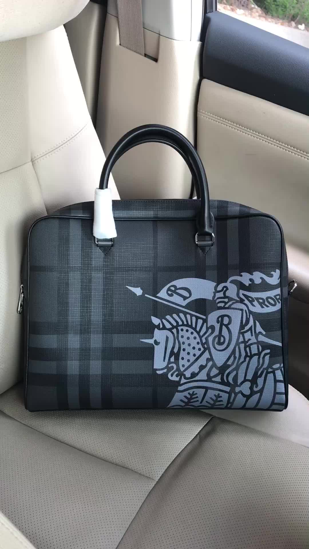 Burberry London Check and Leather Briefcase with Equestrian Knight - Charcoal