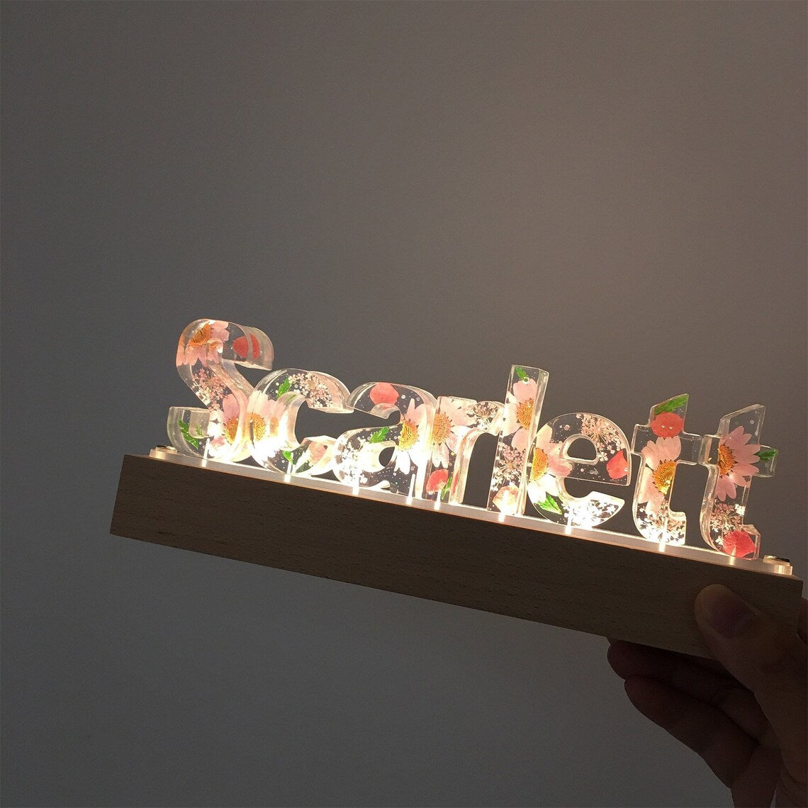 Personalized Dried Flower Resin Name Lamp, Custom Real Pressed Flower Letter Night Light, Wedding Birthday Gift