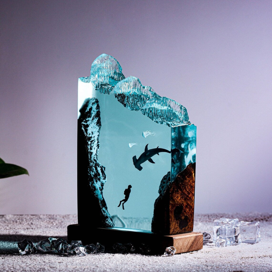 Hammerhead Shark and Diver Resin Night Light, Epoxy and Wooden Lamp, Handmade Rustic Ocean Diorama Nightstand Decor