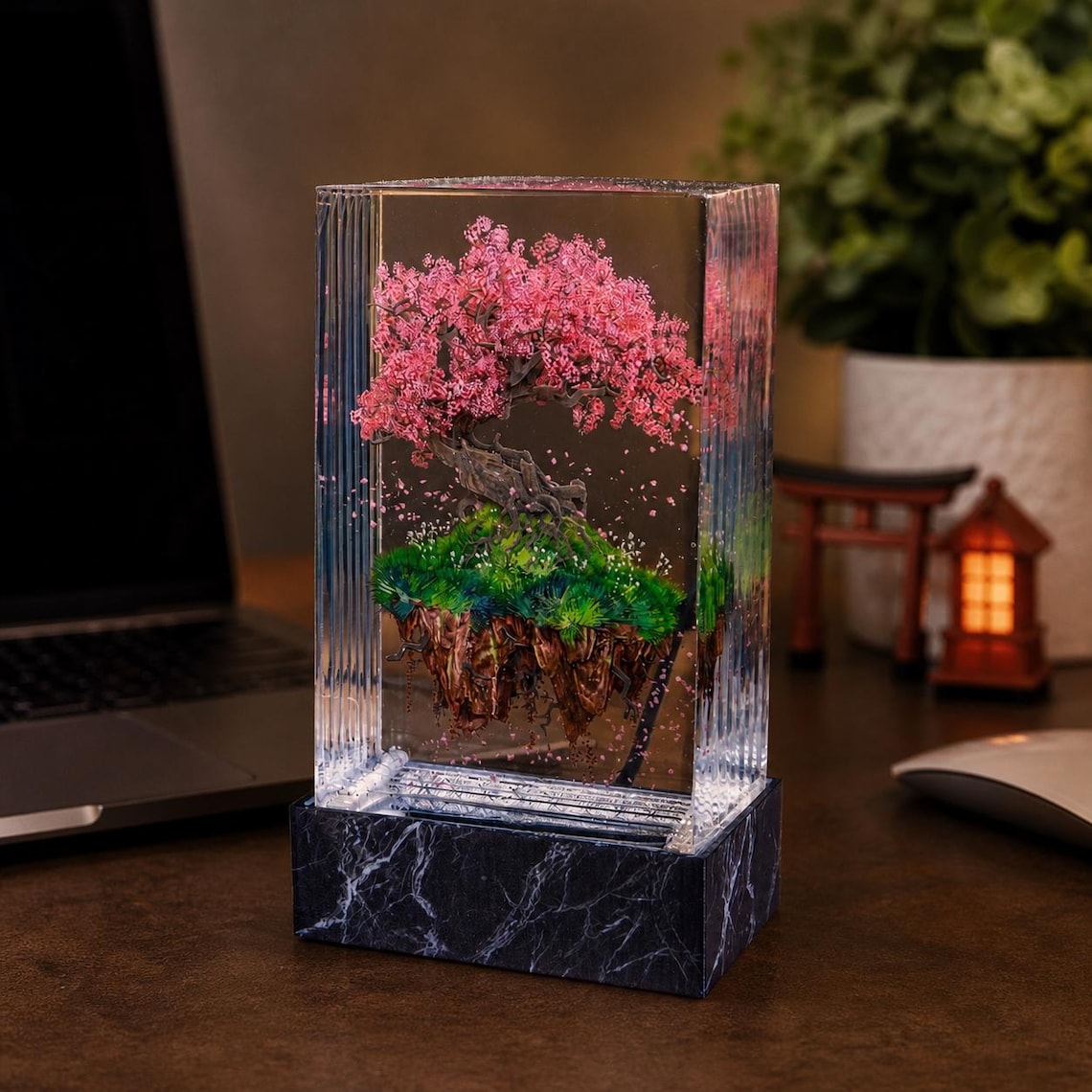 Floating Cherry Blossom Resin Lamp, Sakura Night Light, Handmade Epoxy Acrylic Zen Desk Art, Japanese Bonsai Cherry Tree Sculpture