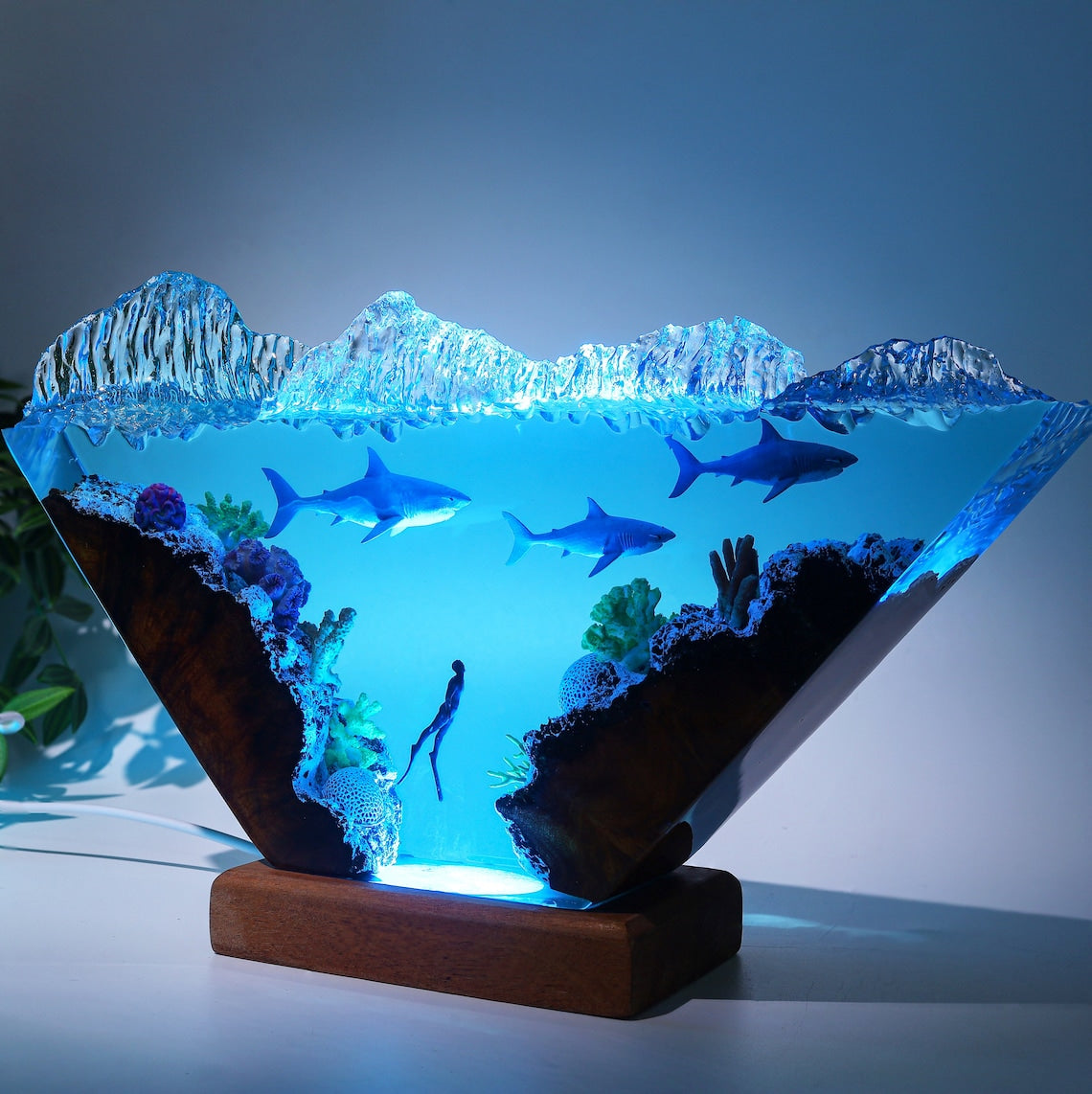 Great White Shark and Divers Night Light, Manta Ray Epoxy Resin Table Lamp, Custom Handmade Ocean Room Decor Gift