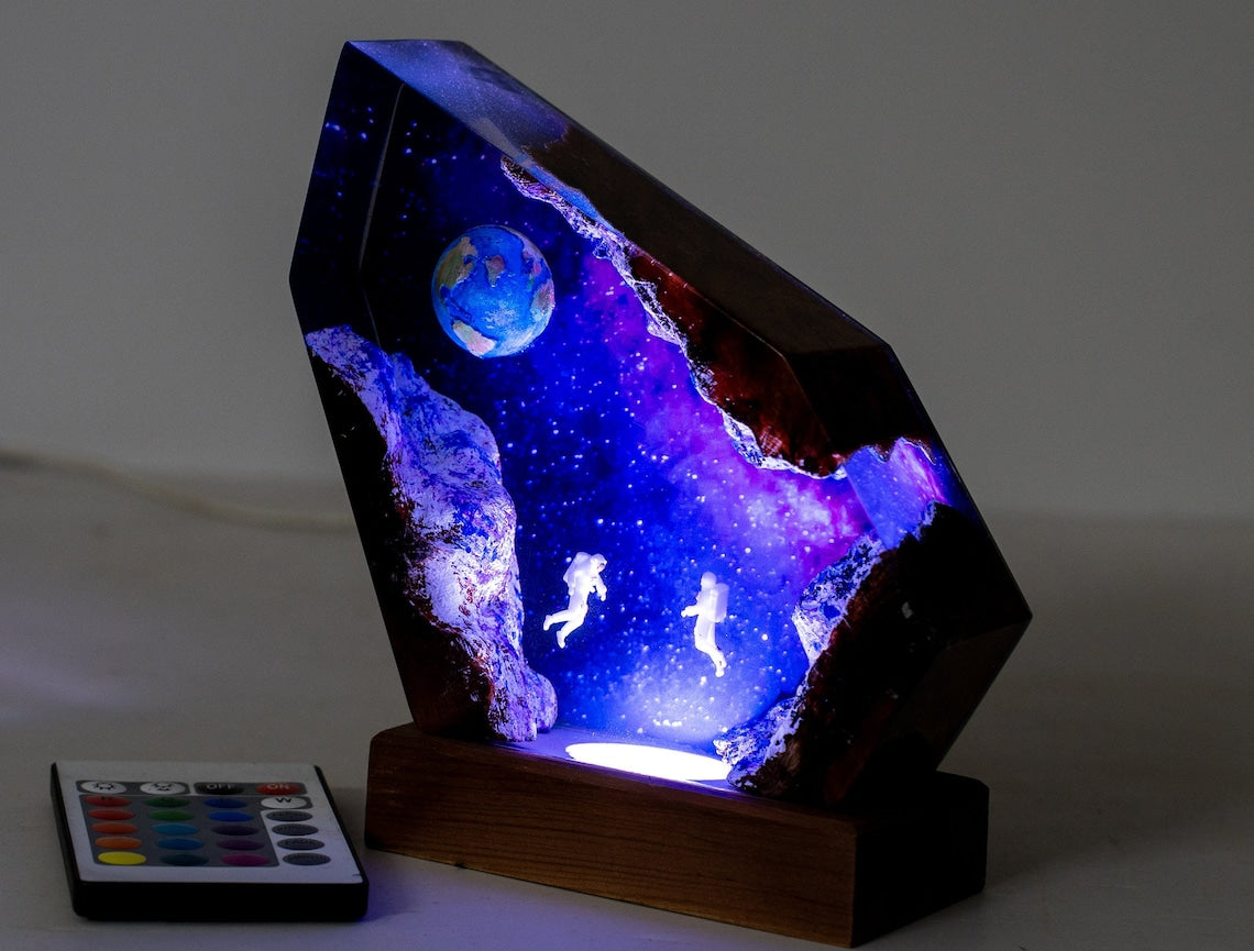 Astronaut Galaxy Epoxy Resin Lamp, Space Night Light with Earth, Universe LED Desk Lamp, Handmade Wood Base