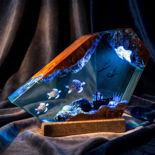 Sea Turtles and Diver Epoxy Resin Night Light, Coral Reef Marine Life Decor, Underwater Diorama Lamp, Ocean Lover Gift, Anniversary Gift
