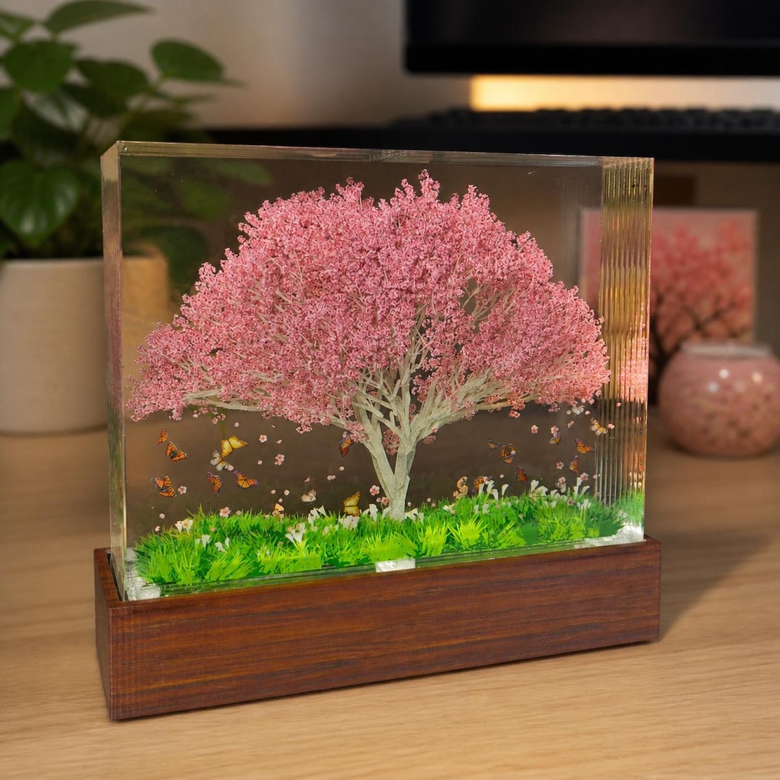 Butterflies and Sakura Tree Resin Lamp, Handmade Japanese Cherry Blossom Night Light, Pink Epoxy Desk Sculpture