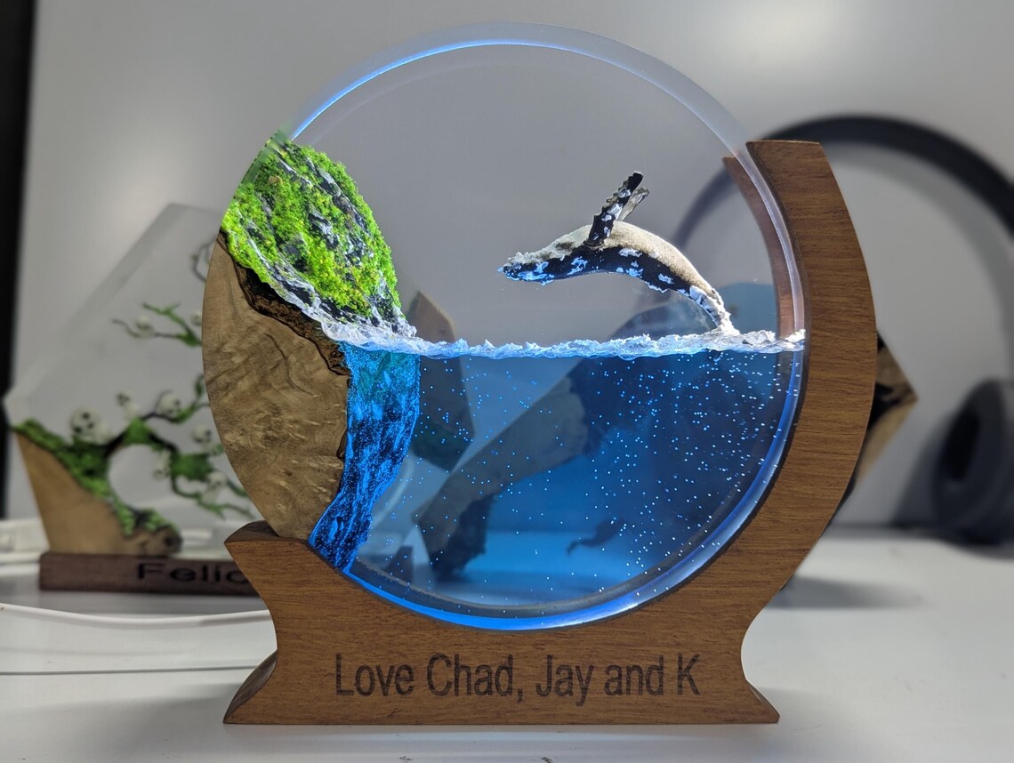 Whale Shark Resin Lamp, Ocean Epoxy and Wood Night Light, Personalized Engraved Base, Handmade Gift for Him