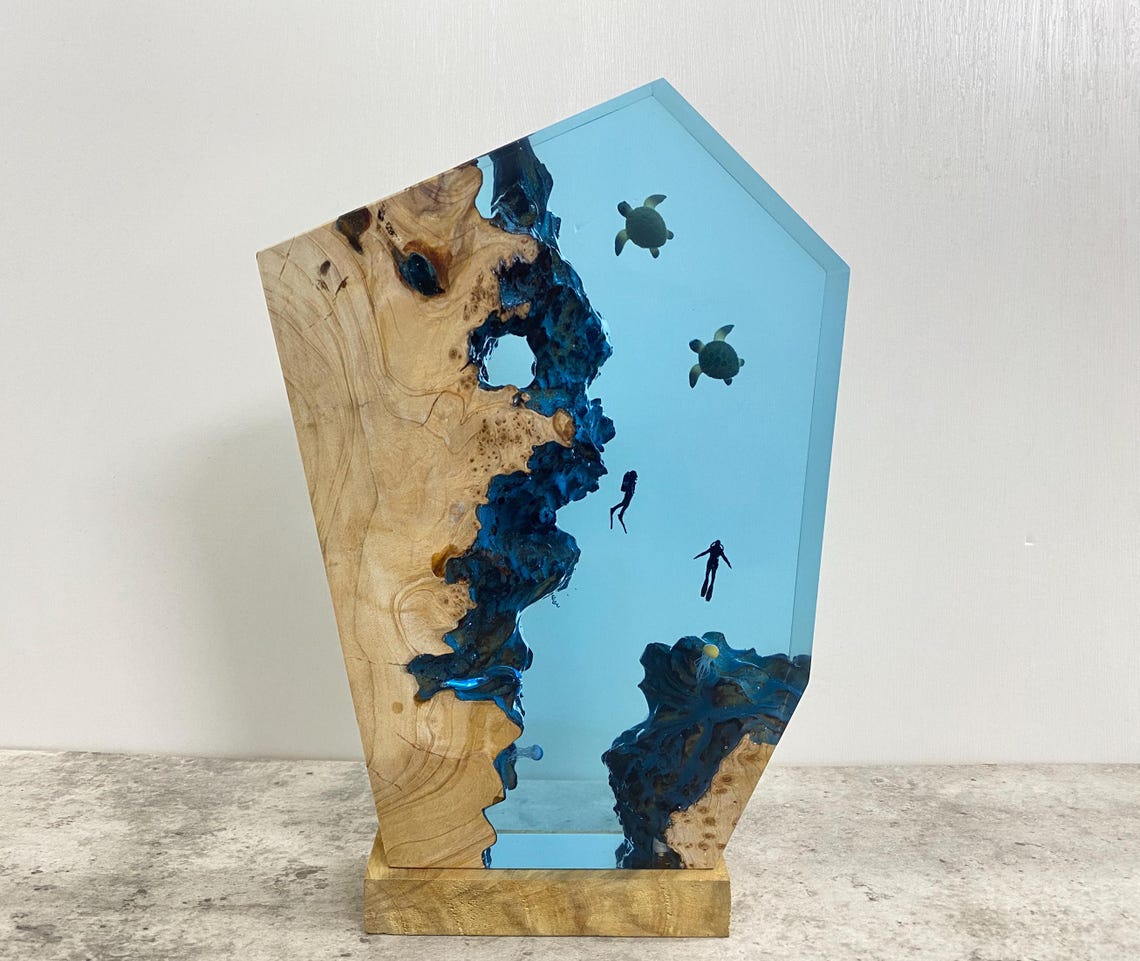 Scuba Diver and Sea Turtle Epoxy Resin Night Light, Handmade Wooden Lamp, Unique Home Decor Gift, Gift for Him, Christmas and Birthday Gift