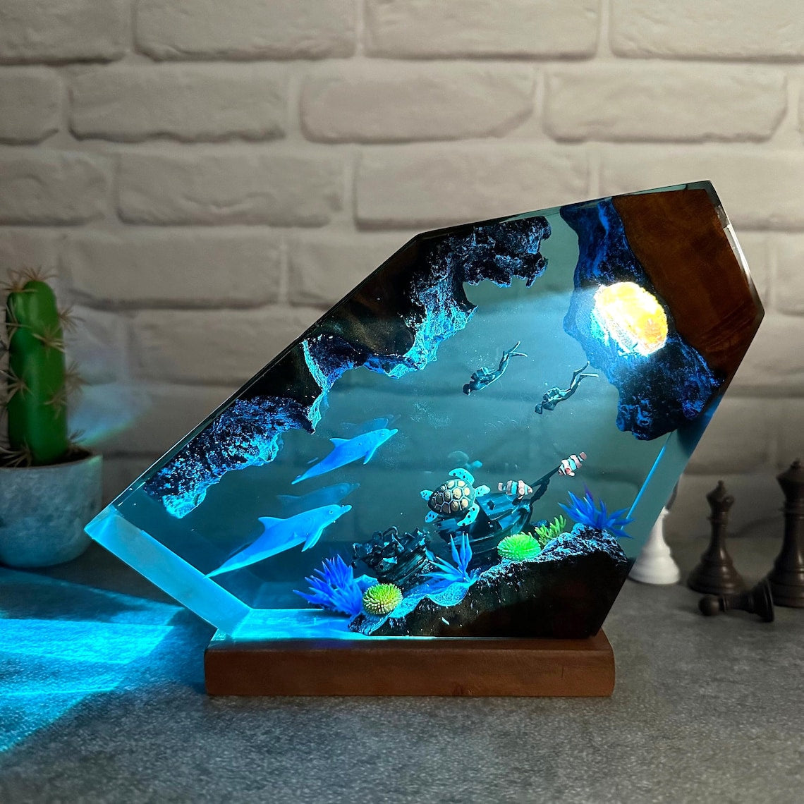 Dolphin and Sea Turtle Resin Lamp, Ocean Epoxy Resin Night Light with Wood Base, Scuba Diver Nightstand Lamp, Gift for Her