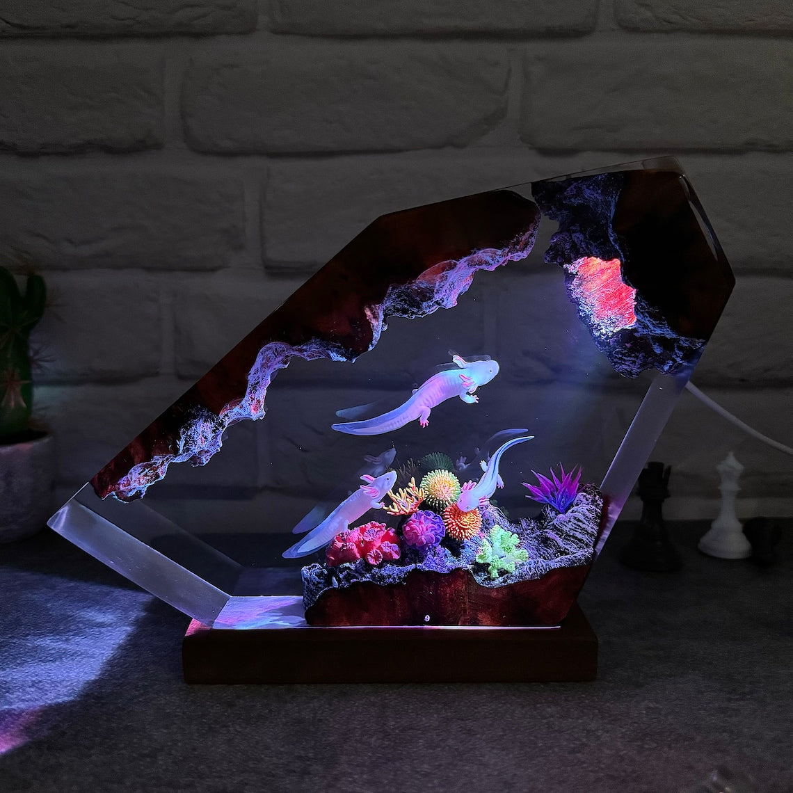 Axolotl Resin Lamp, Mexican Salamander Underwater Scene Night Light, Engravable Wooden Base Gift for Her